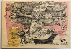 Seltene israelische Judaica Aquarell Malerei über Druck Bezem