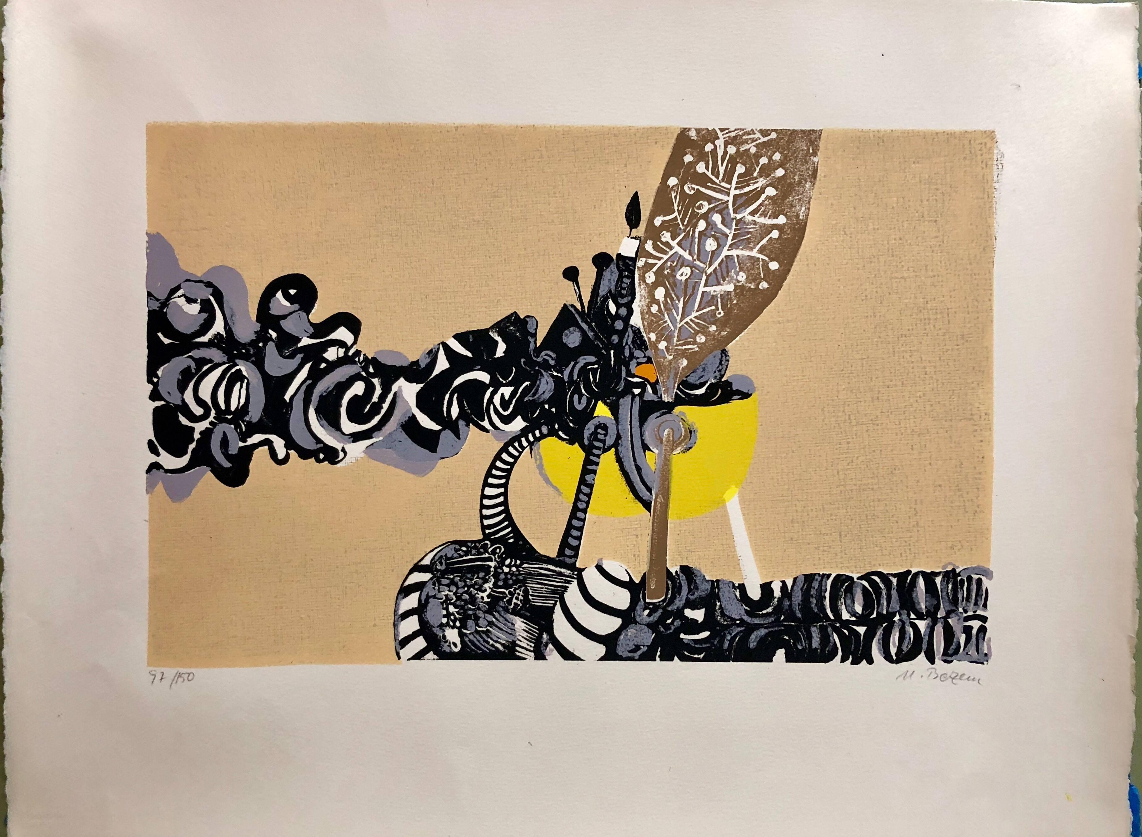 Fine lithograph on deckle edged French Arches paper. Pencil signed and numbered from edition of 150.
A Surrealist Judaica scene of a bearded man (Rabbi) in a boat with Shabbat candlesticks. with blindstamp from Editions Empreinte in Paris, France.