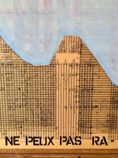 Grande dipinto astratto israeliano a collage degli anni '80 Note musicali, citazione francese