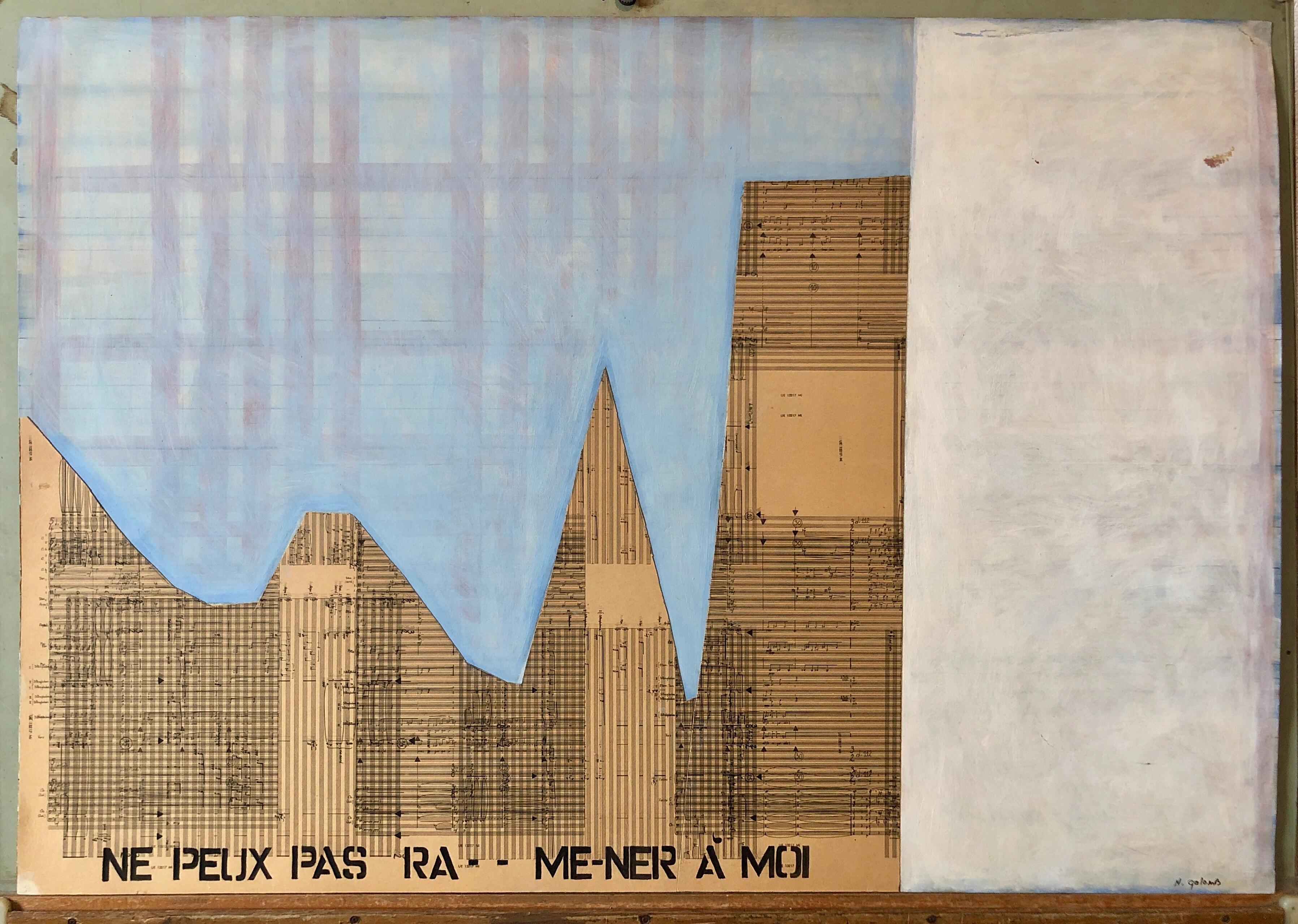 1980er Jahre große abstrakte Collage israelische Malerei Musiknoten, Französisch Zitat im Angebot 1