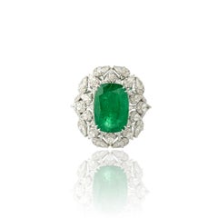 6.16 Ct Natural Zambian Emerald & 1.86 Ct Natural Diamond Ring in 18KW Gold