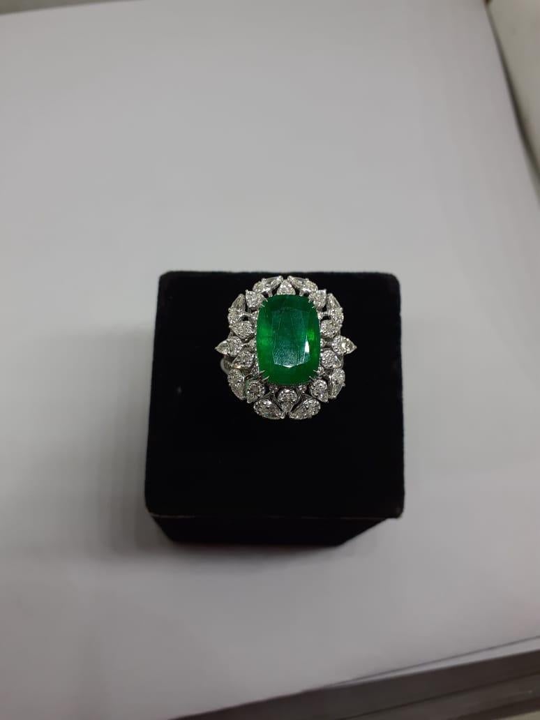 Emerald Cut  6.16 Ct Natural Zambian Emerald & 1.86 Ct Natural Diamond Ring in 18KW Gold For Sale