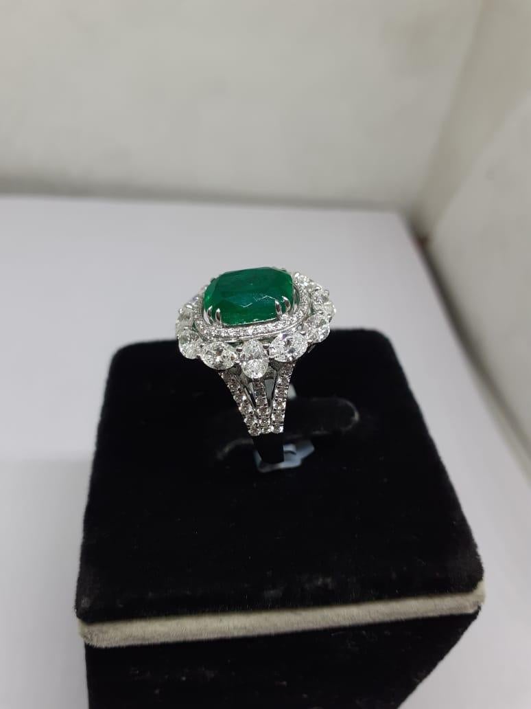  6.16 Ct Natural Zambian Emerald & 1.86 Ct Natural Diamond Ring in 18KW Gold In New Condition For Sale In New York, NY