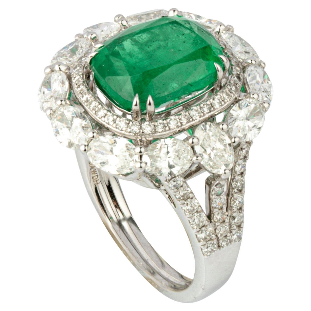  6.16 Ct Natural Zambian Emerald & 1.86 Ct Natural Diamond Ring in 18KW Gold For Sale