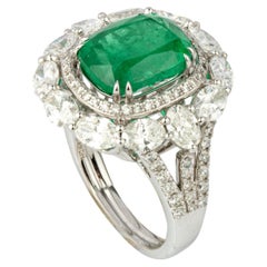  6.16 Ct Natural Zambian Emerald & 1.86 Ct Natural Diamond Ring in 18KW Gold