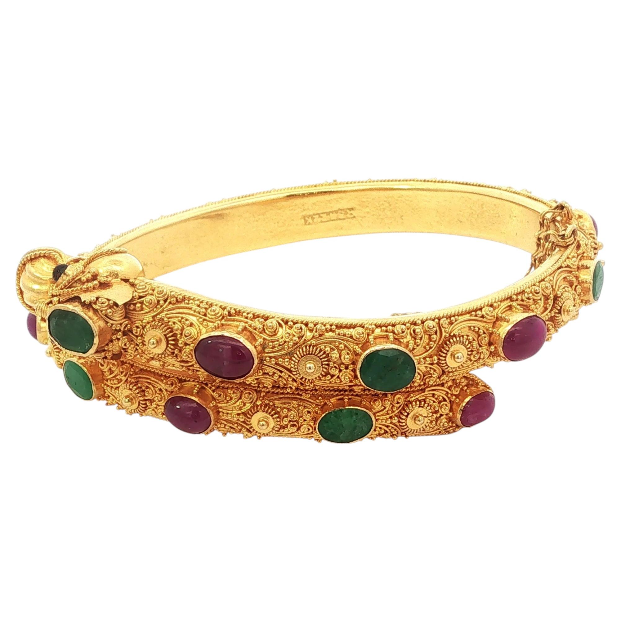 Naga (Dragon) Bangle 22K Yellow Gold Multi-Gem For Sale