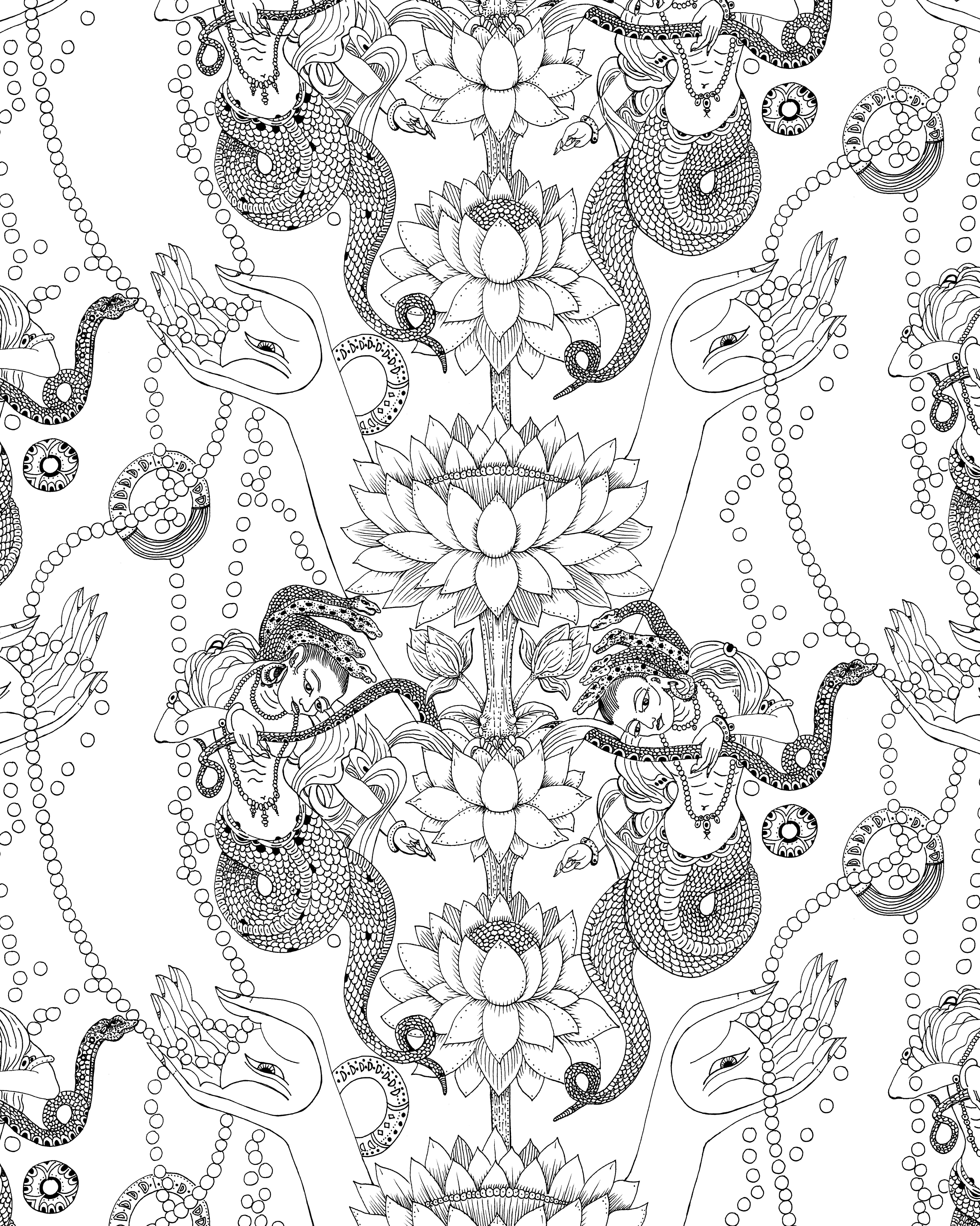 Hand drawn from Tibetan Buddhist symbols this pattern includes lotuses, which grow out of muddy water and represent purity and spontaneous generation. The serpent-human like deities are Nagas, who are lake and stream dwelling creatures that guard