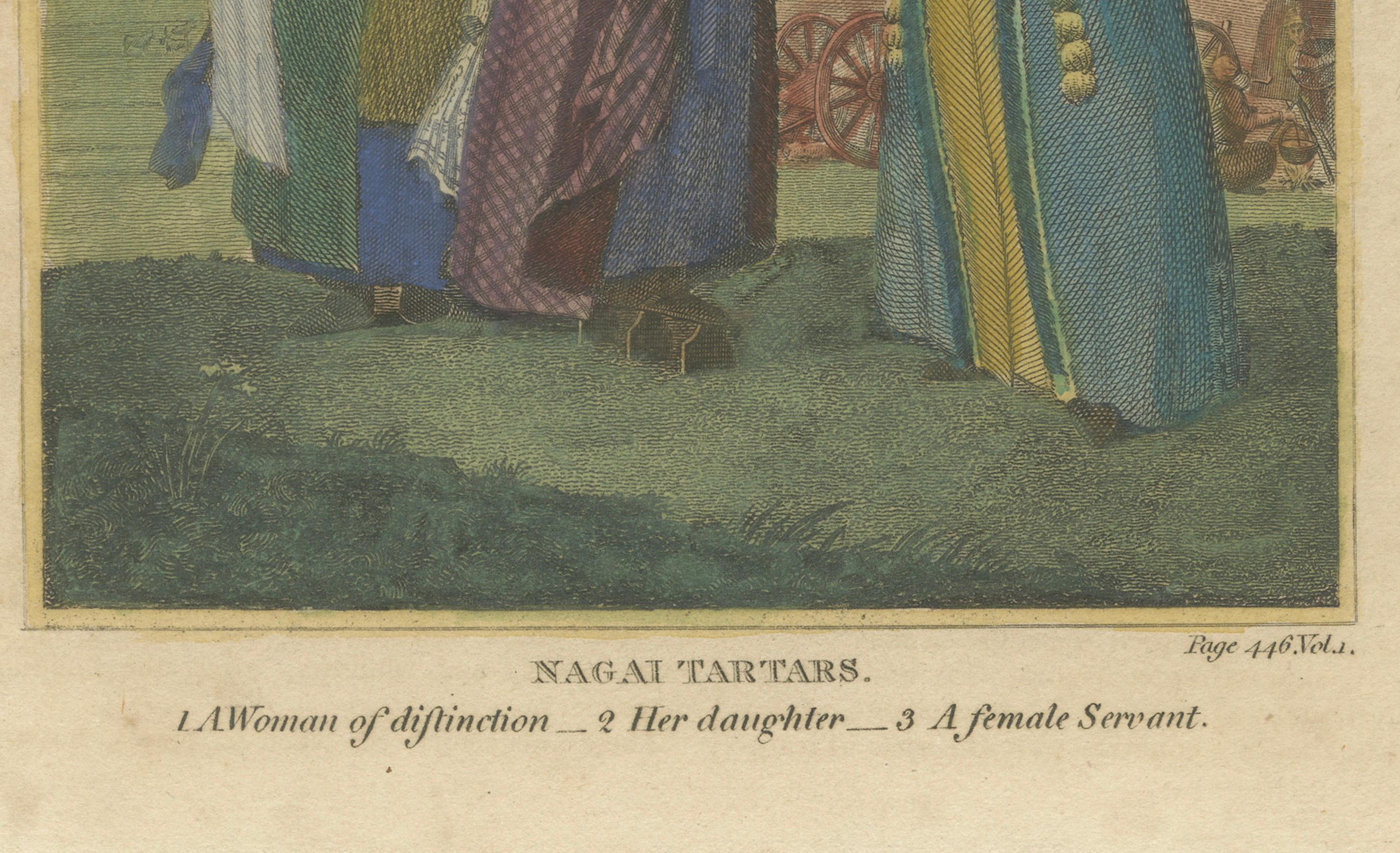 Nagai Tartars – Traditional Dress of Women of Distinction, c.1810

This delicately hand-colored copper engraving titled Nagai Tartars portrays three women of the Nogai Tatar ethnic group in traditional costume, reflecting early 19th-century European