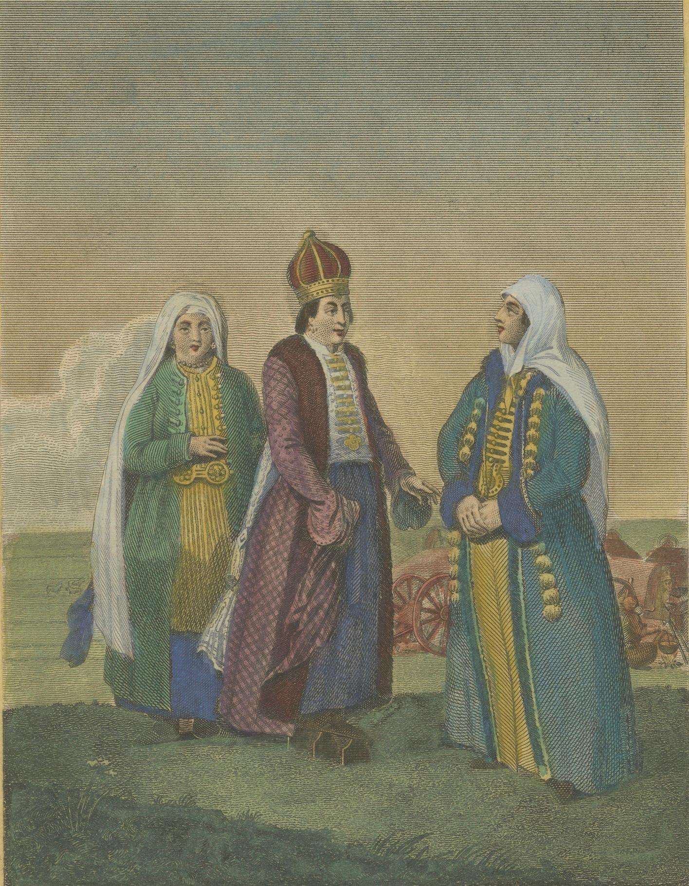 Nagai Tartars – Traditional Dress of Women of Distinction, c.1810 Engraving In Good Condition For Sale In Langweer, NL