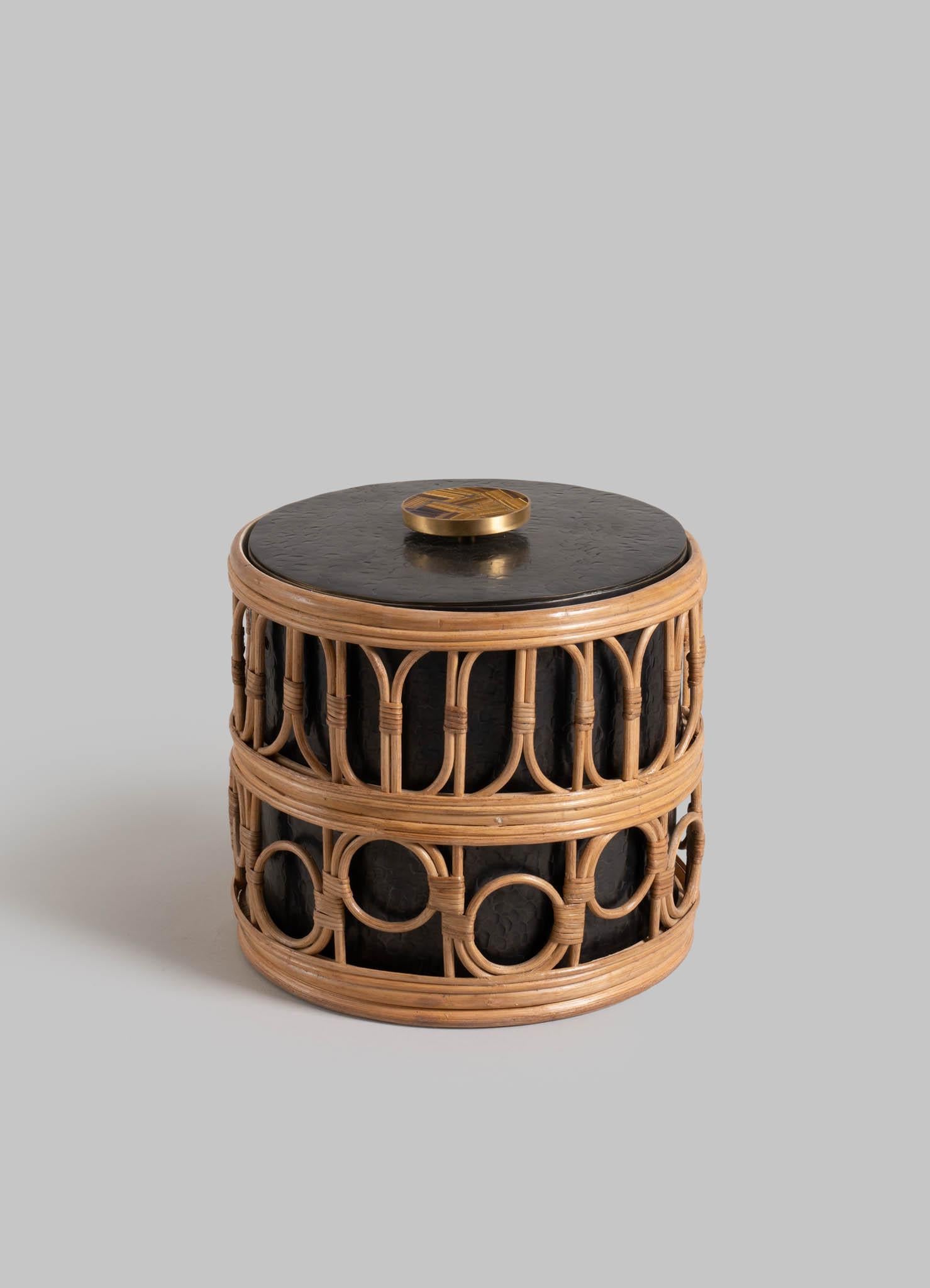 Indian Nagaland Ice Bucket Large in Brass and Cane, Viya By Vikram Goyal For Sale