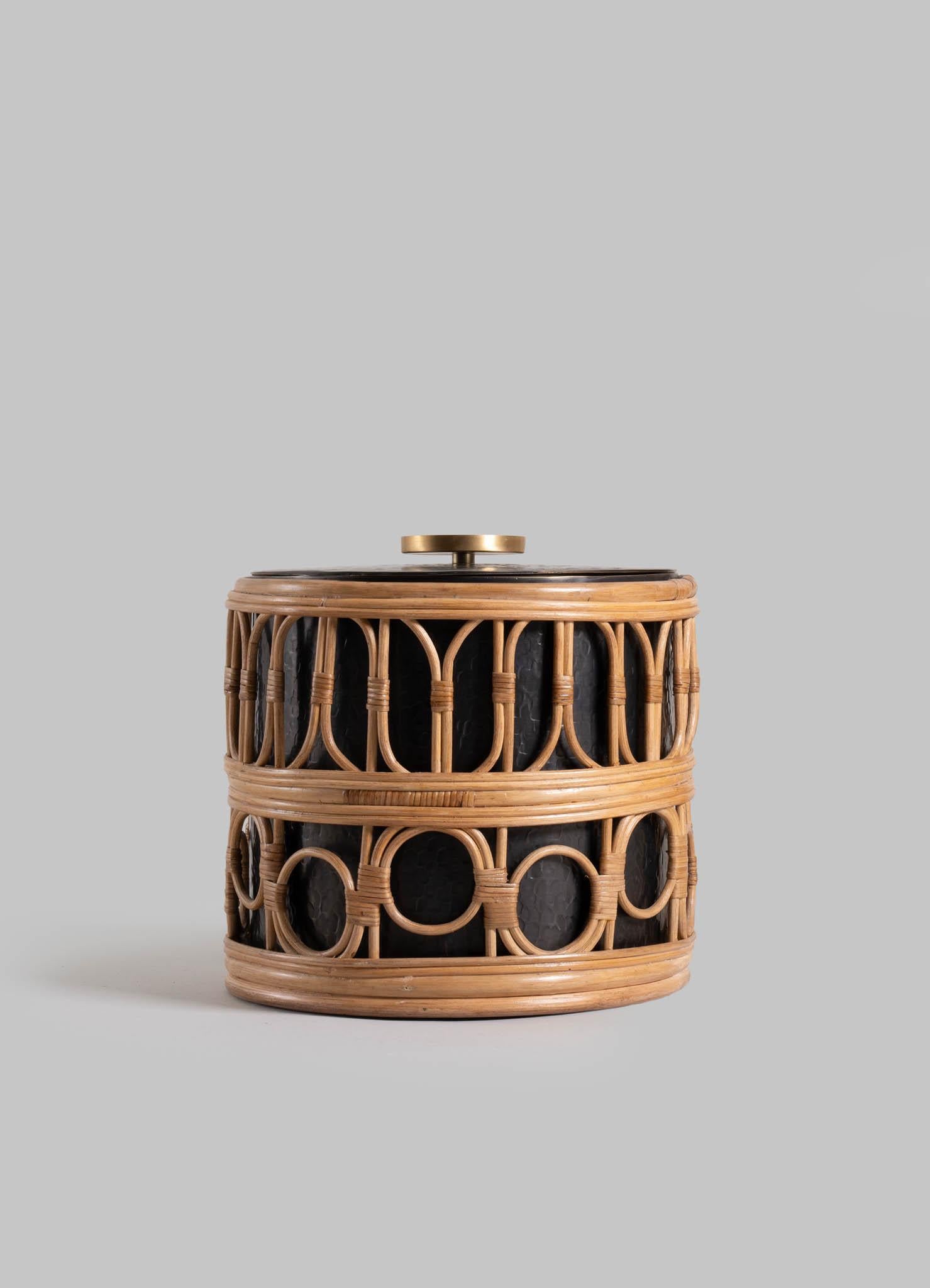 Cast Nagaland Ice Bucket Large in Brass and Cane, Viya By Vikram Goyal For Sale