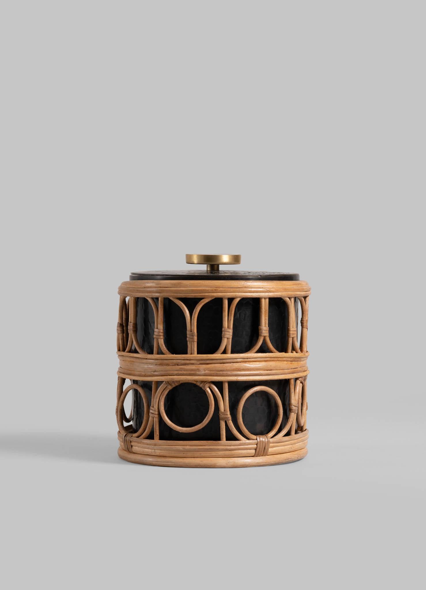 Cast Nagaland Ice Bucket Small  in Brass and Cane, Viya By Vikram Goyal For Sale