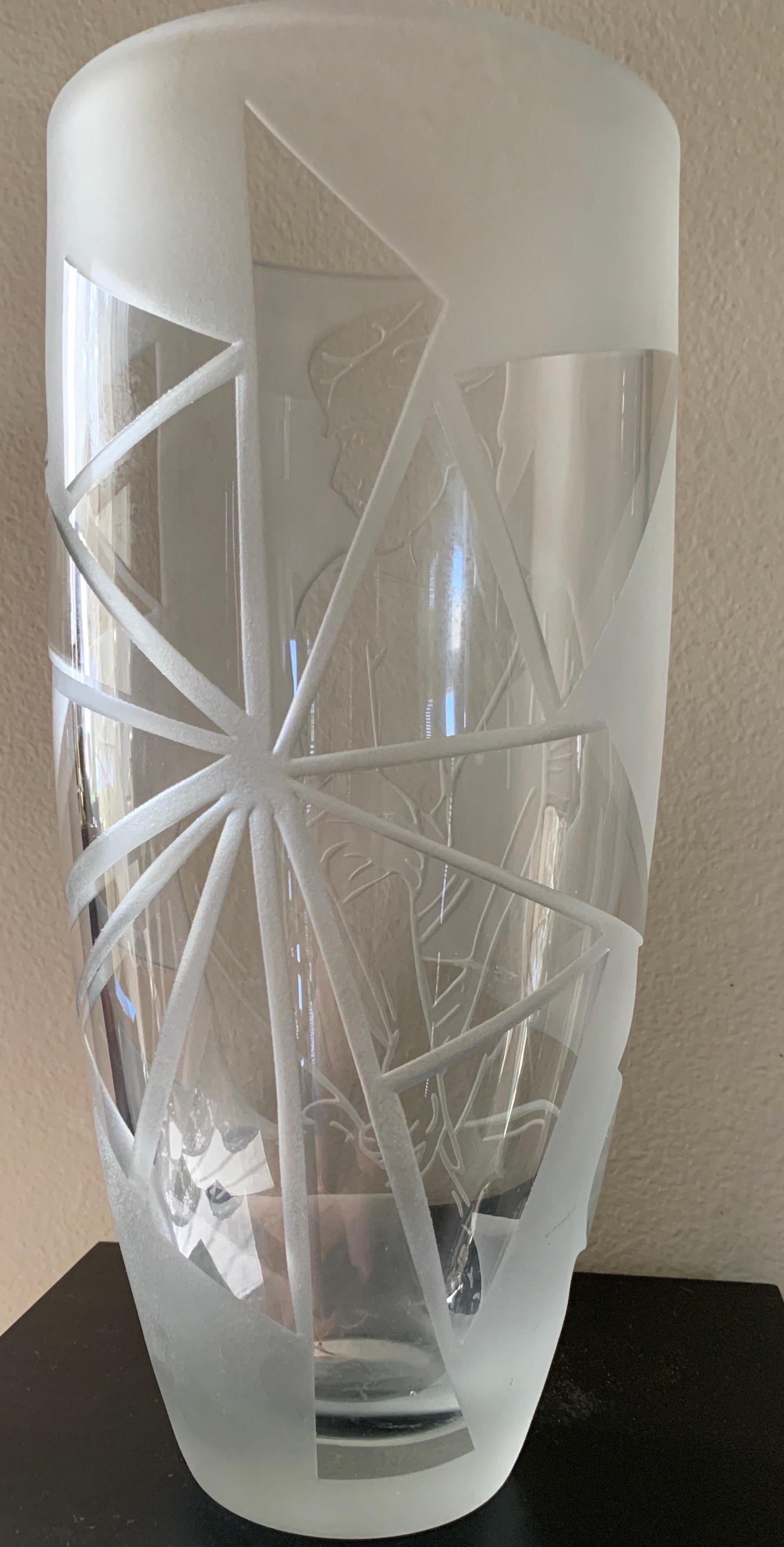 Art Glass Nagel inspired Etched Glass Original One of a Kind Modern Large Vase  For Sale