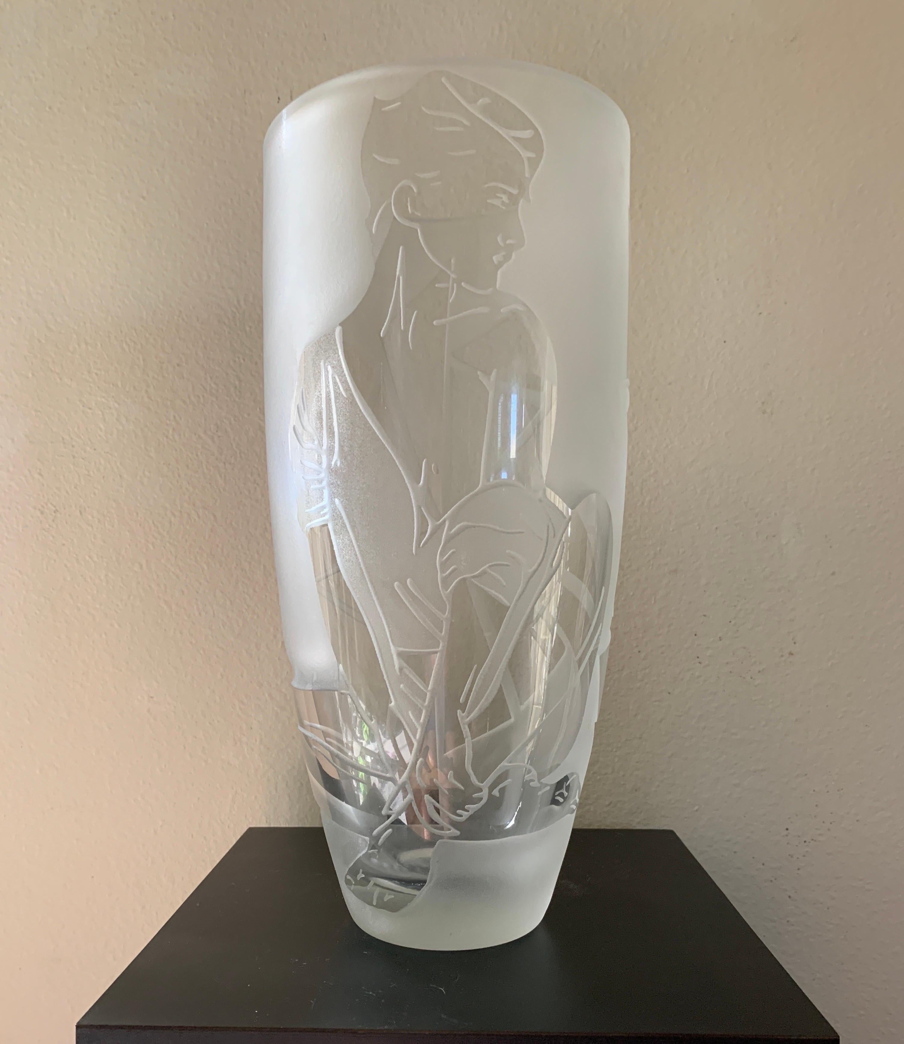 Verre d'art Nagel inspired Etched Glass Original One of a Kind Modern Large Vase (Grand vase moderne unique en son genre)  en vente
