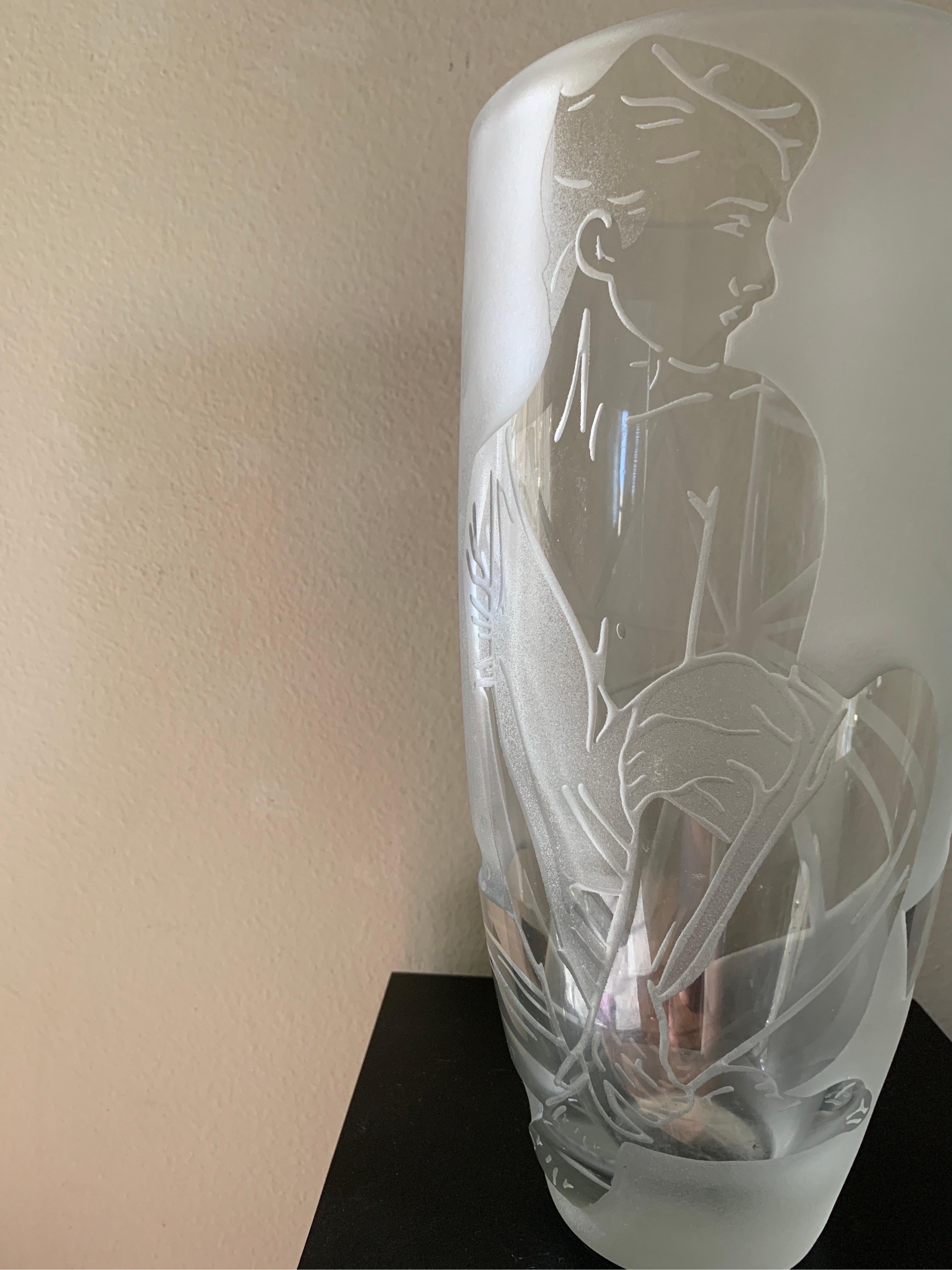 Nagel inspired Etched Glass Original One of a Kind Modern Large Vase  For Sale 3