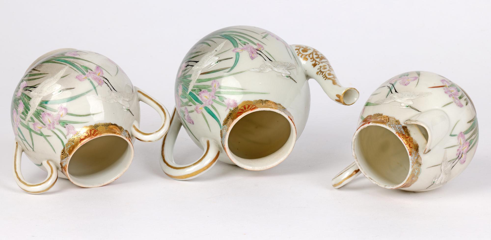 19th Century Nagoya Japanese Meiji Hand Painted Tea Wares with Herons For Sale