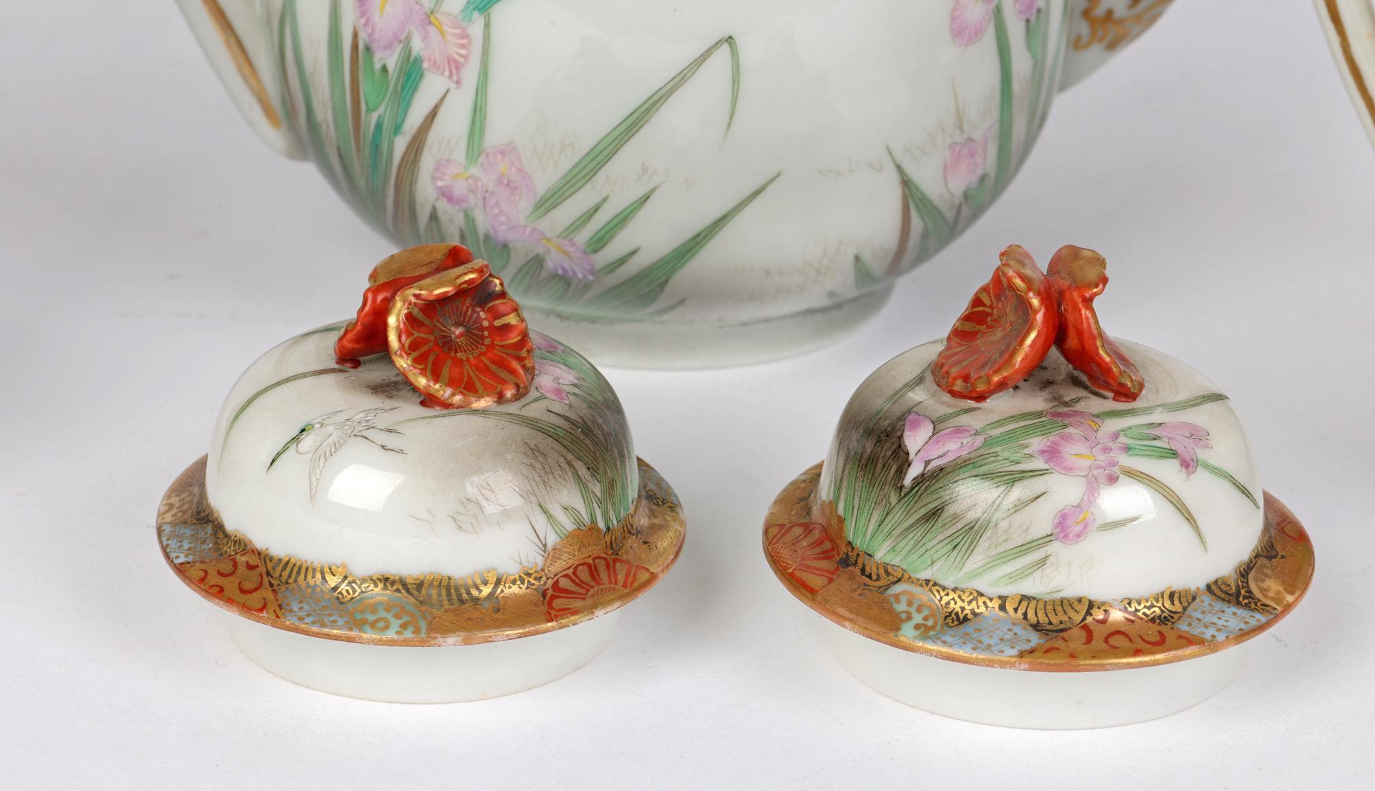 Porcelain Nagoya Japanese Meiji Hand Painted Tea Wares with Herons For Sale