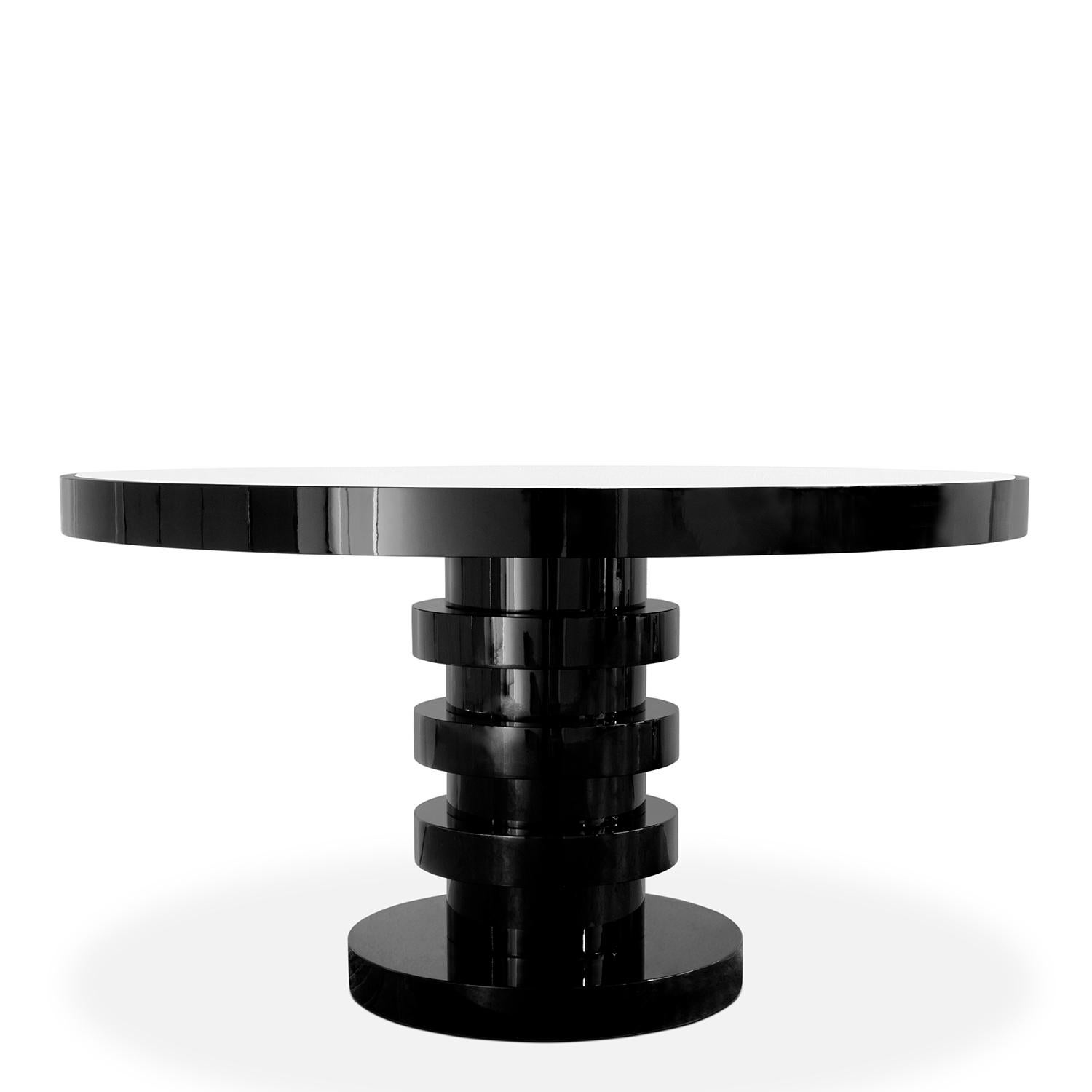Dining table Nagoya round with structure in solid ash wood,
with ash veneered top with white transparent paint and body 
in ash wood in black lacquered finish.