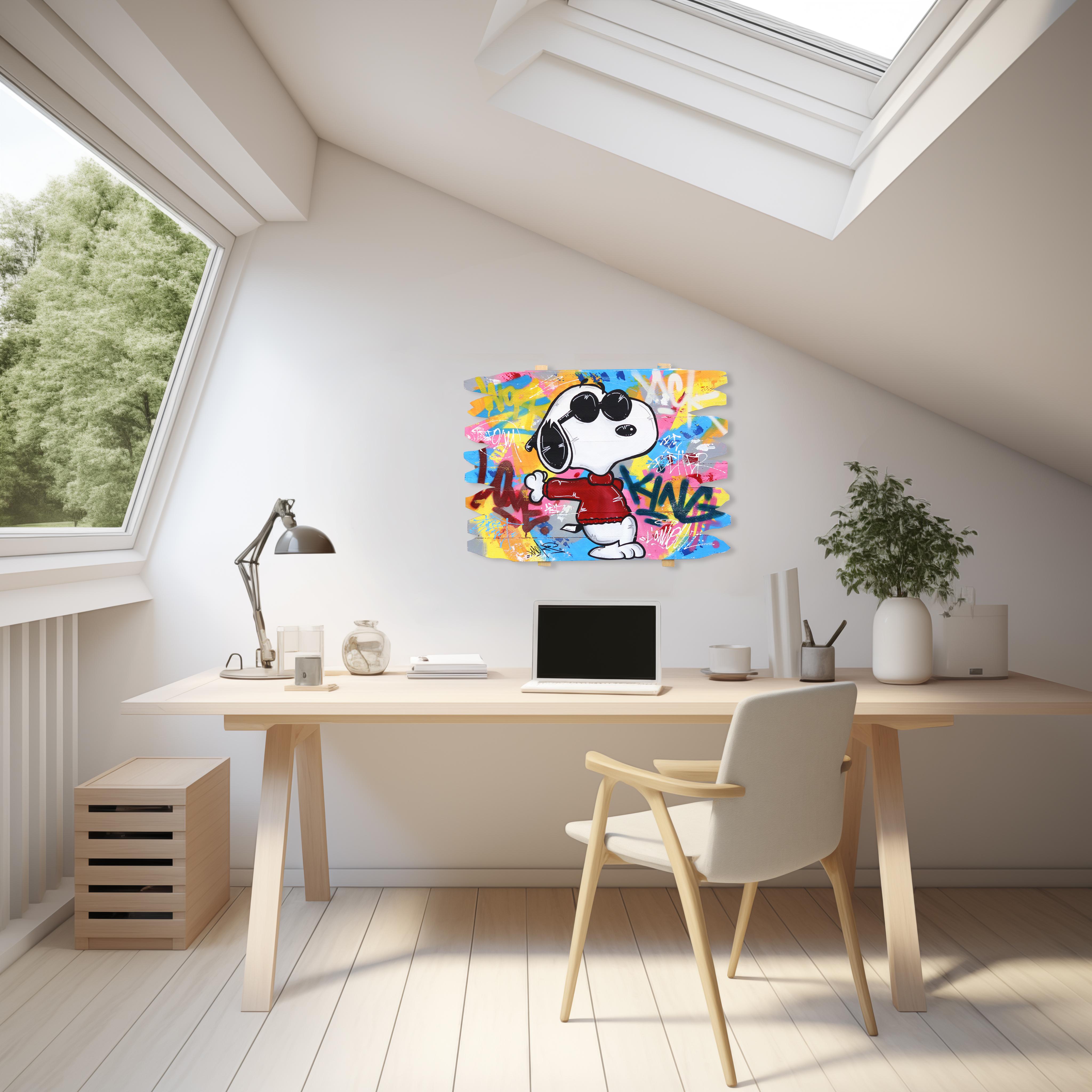 Icone Snoopy - Peinture pop art originale aux couleurs vives avec personnages de dessins animés - Pop Art Mixed Media Art par Naguy Claude