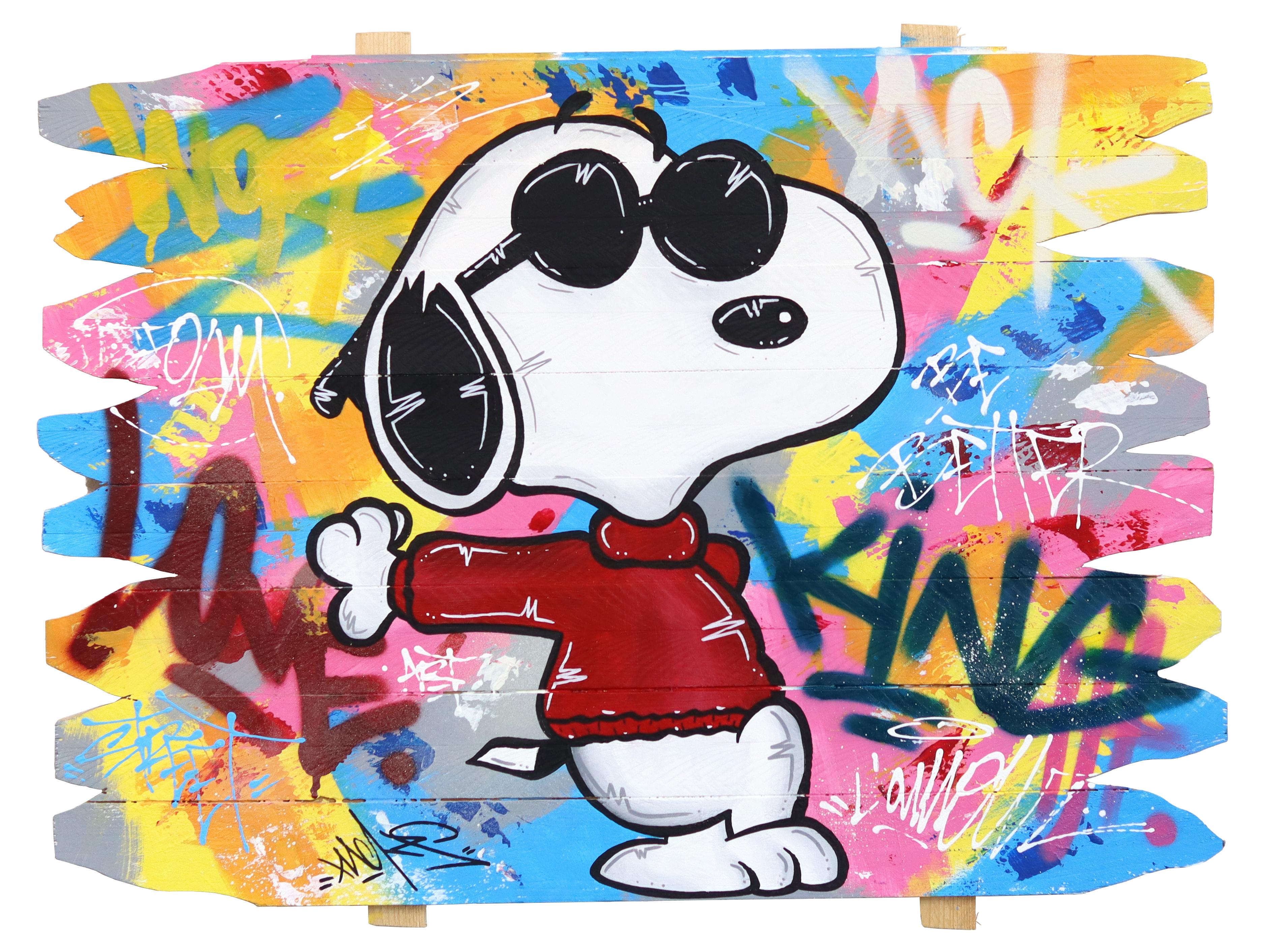 Icone Snoopy - Peinture pop art originale aux couleurs vives avec personnages de dessins animés - Mixed Media Art de Naguy Claude