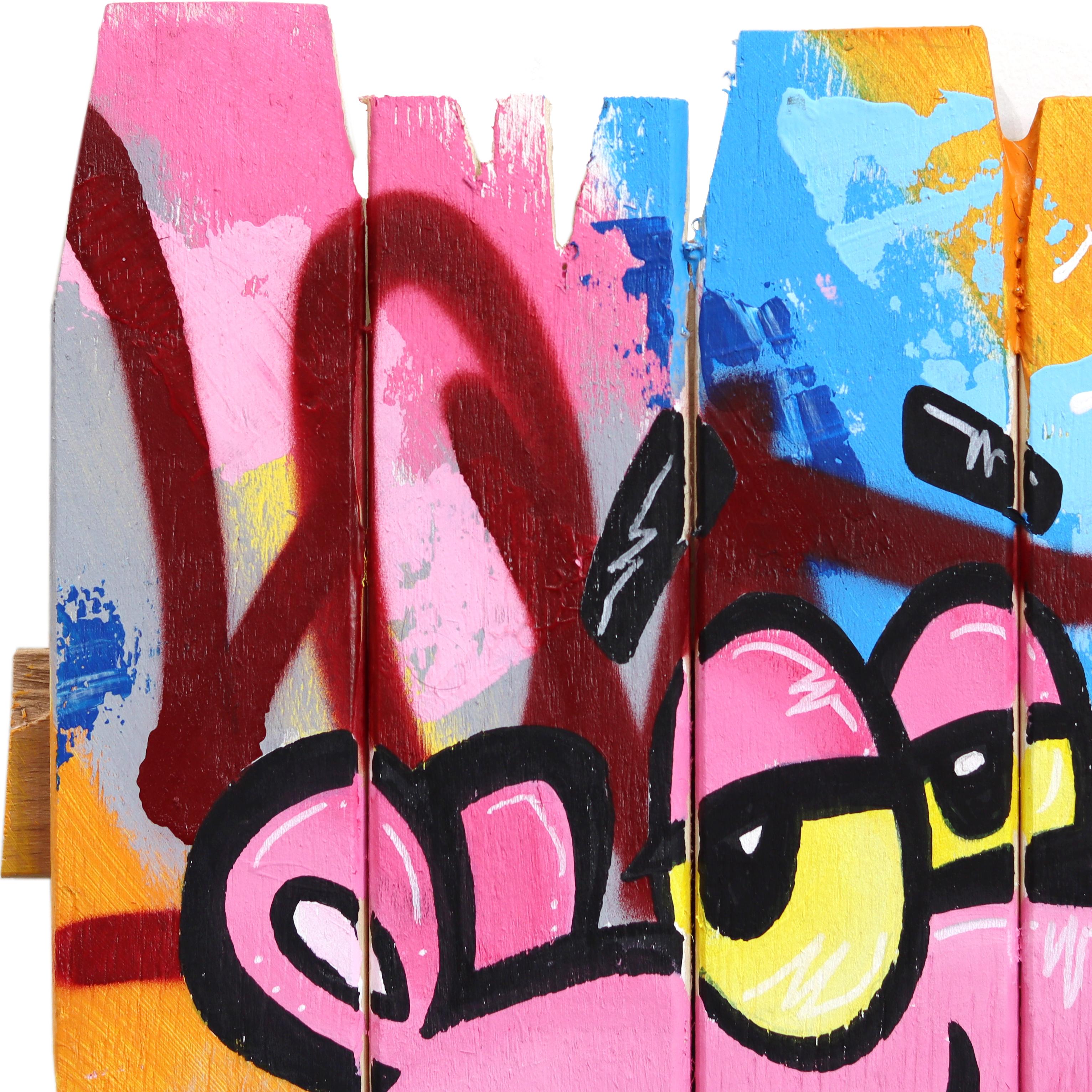 Pink Attitude - Original Vibrant Colorful Pop Art Painting w/ Cartoon Character For Sale 1