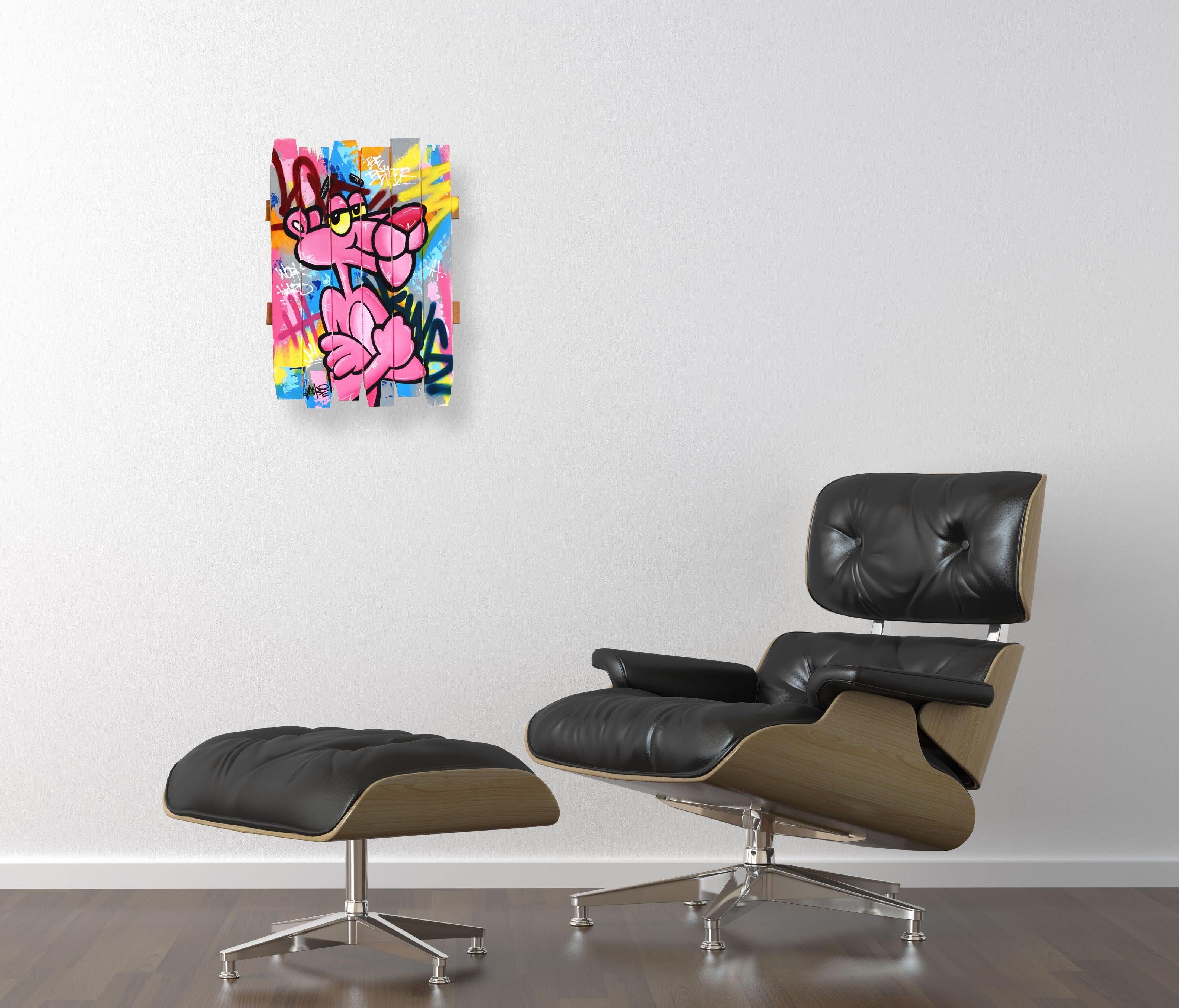 Pink Attitude - Original Vibrant Colorful Pop Art Painting w/ Cartoon Character For Sale 4