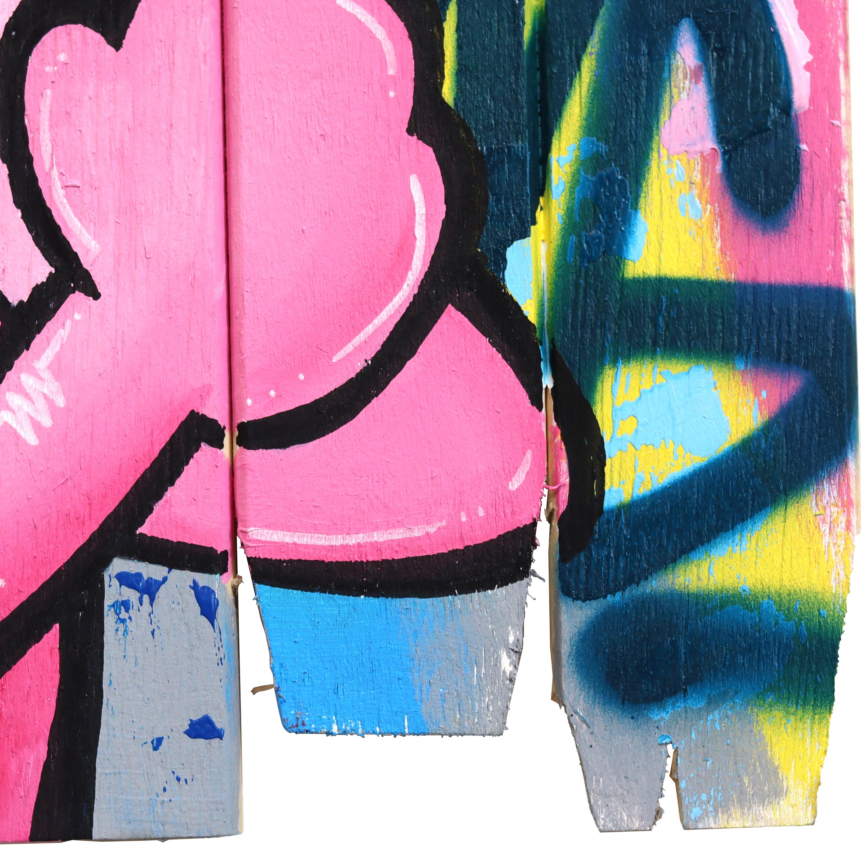 Pink Attitude - Original Vibrant Colorful Pop Art Painting w/ Cartoon Character For Sale 5