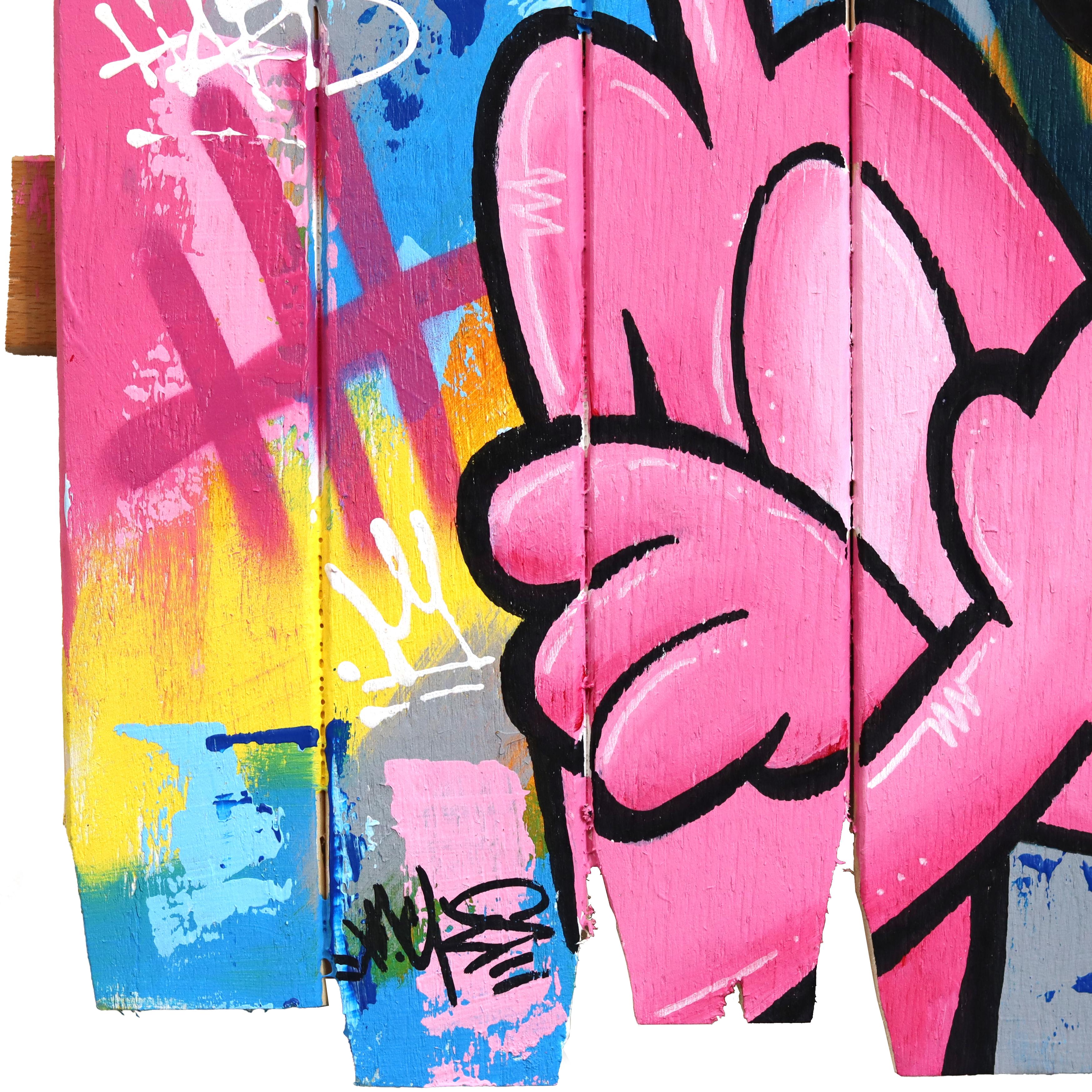 Pink Attitude - Original Vibrant Colorful Pop Art Painting w/ Cartoon Character For Sale 6