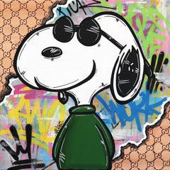 Snoopy Loves Gucci - Original Pop Art Painting with Cartoon and Comic Characters