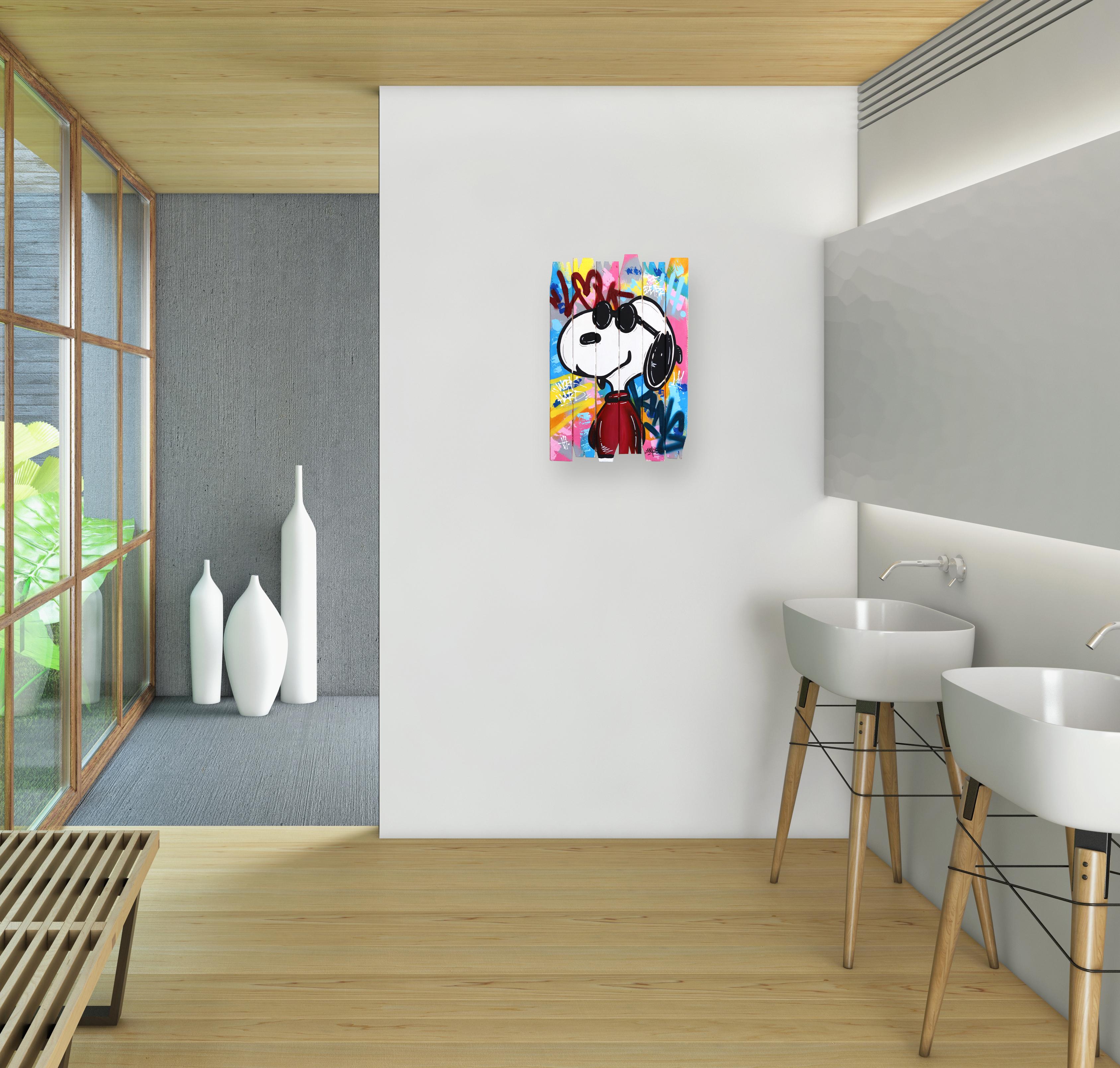 Street Life - Graffiti Pop Art original de colores vibrantes con dibujo animado de Snoopy - Mixed Media Art Arte pop de Naguy Claude