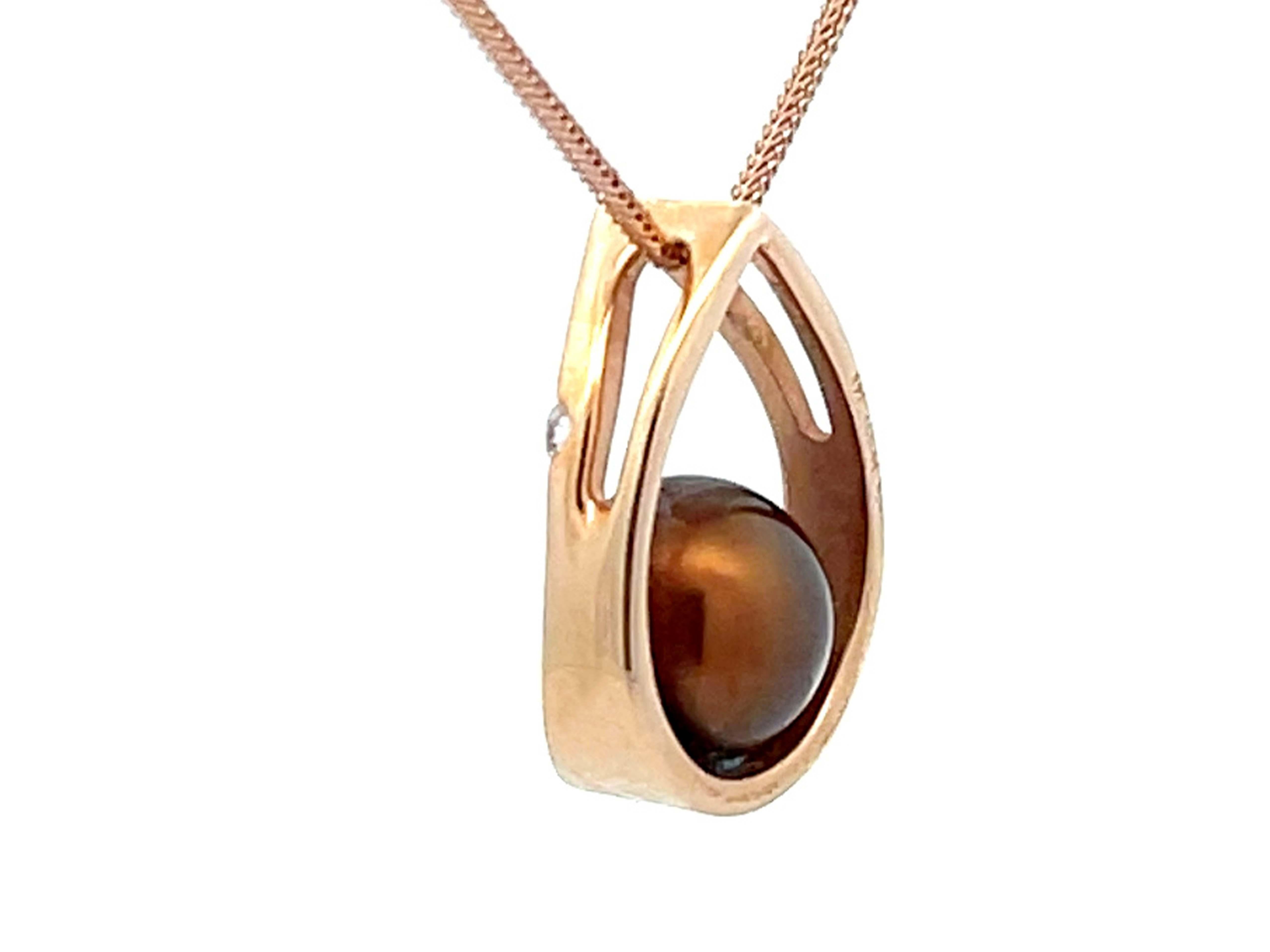 Modern NaHoku Diamond and Chocolate Pearl Necklace 14k Rose Gold