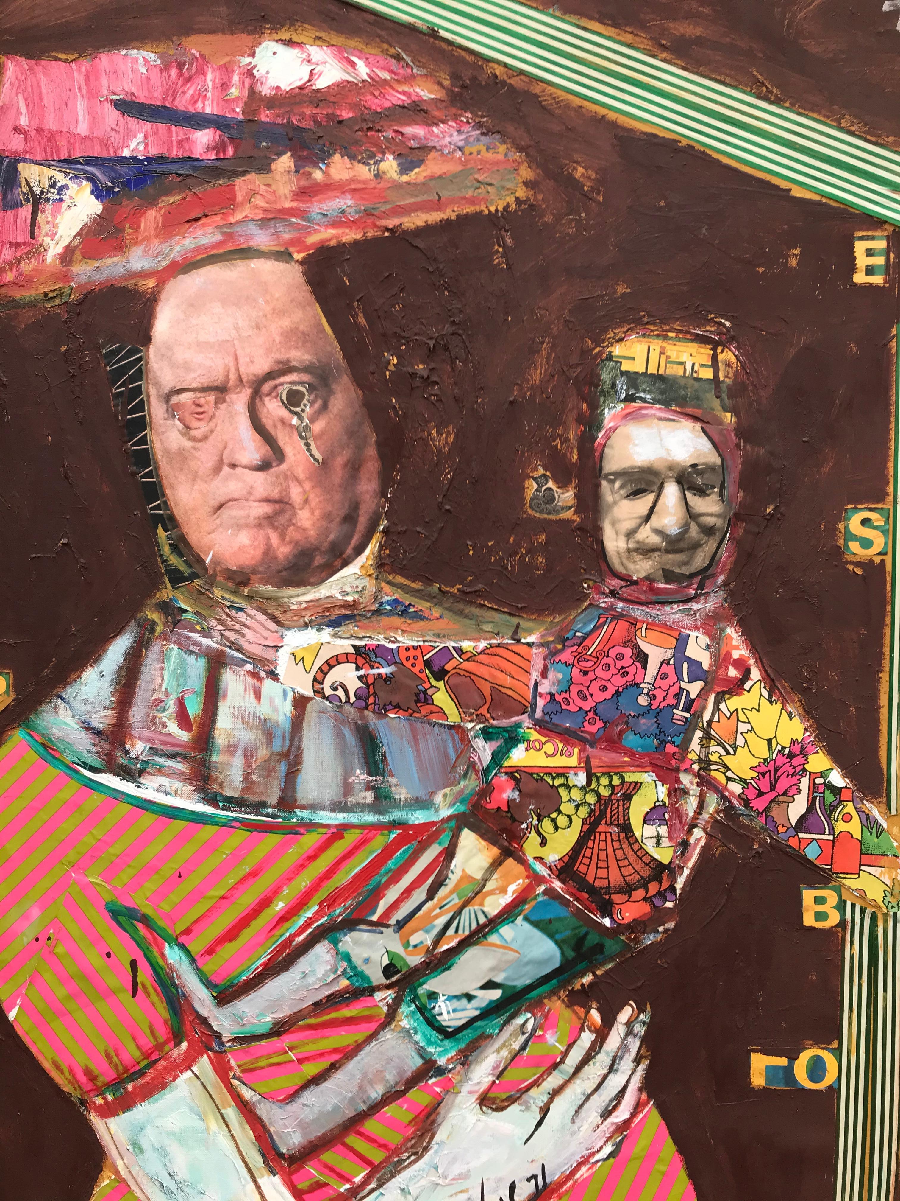 Unique mixed media satirical painting of J. Edgar Hoover by the Russian/American artist, Nahum Tschacbasov.  Consisting of paper cutout collage and oil paint on prepared canvas. Signed and dated twice, 1971 and 1972. Condition is good.  Provenance: 