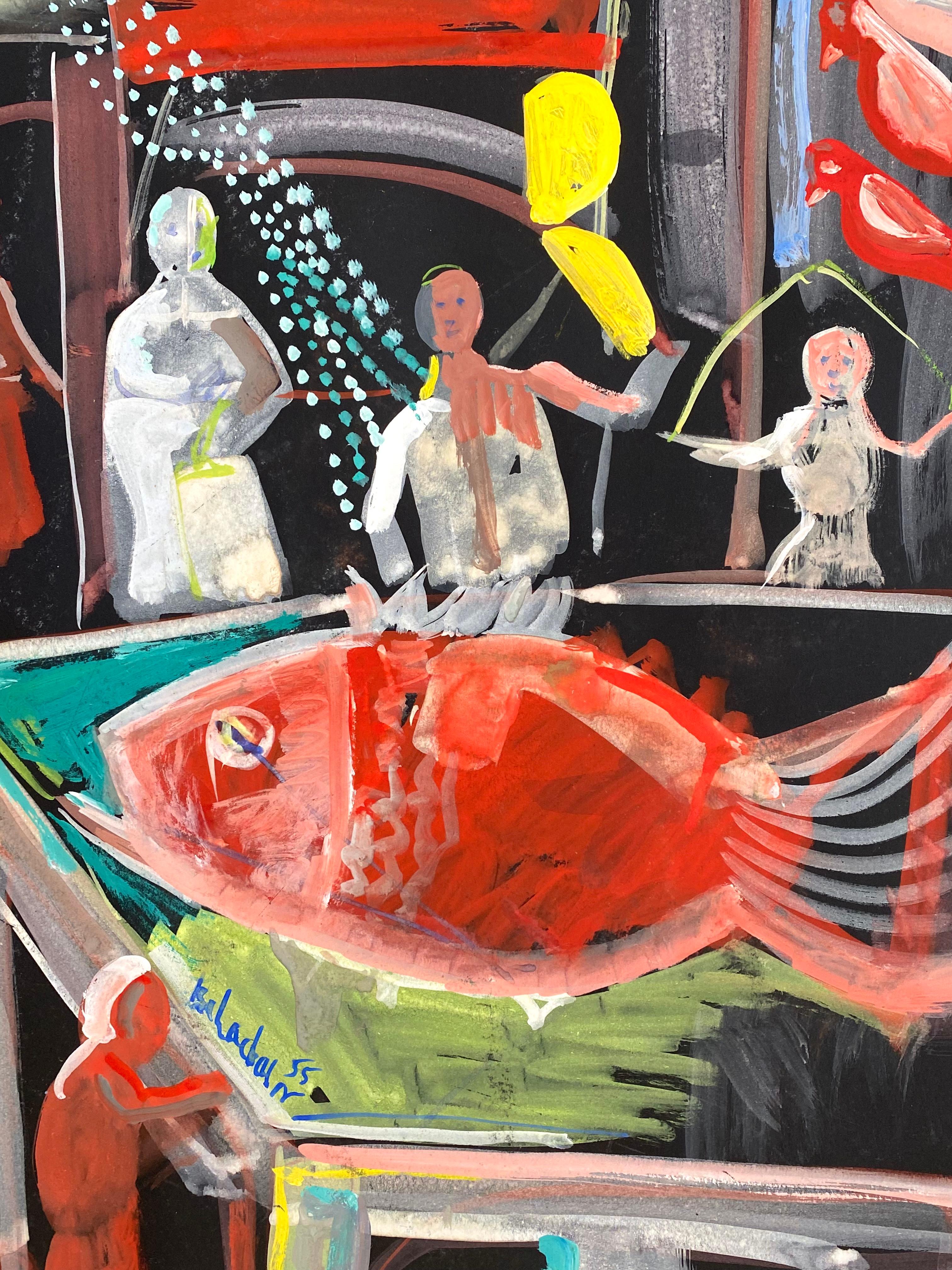 Original mixed media study for the “Feast of the Leviathan” painting done by Nahum Tachacbasov a year later in 1956.  Illustrated in the Don Goddard book on Tschacbasov page 42 and 43.  The study is signed twice lower left and right and dated 1955.