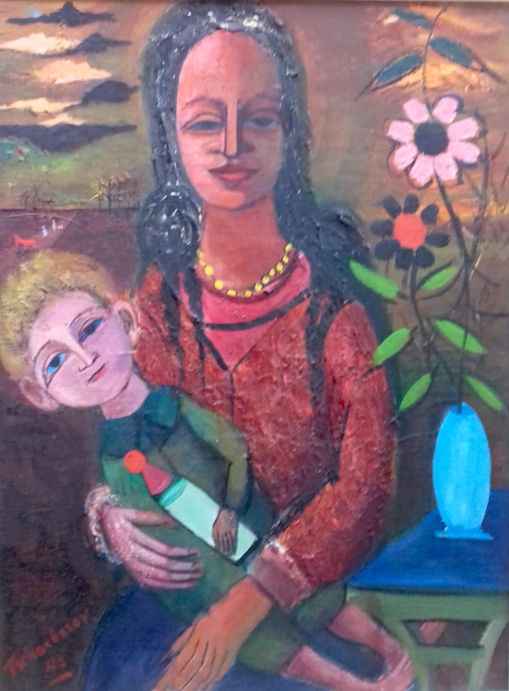 Amerikanisches modernistisches Gemälde Madonna Mutter und Kind, WPA, Jüdisch New York  – Painting von Nahum Tschacbasov