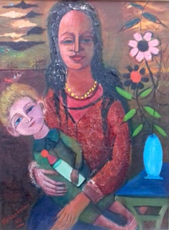 Amerikanisches modernistisches Gemälde Madonna Mutter und Kind, WPA, Jüdisch New York