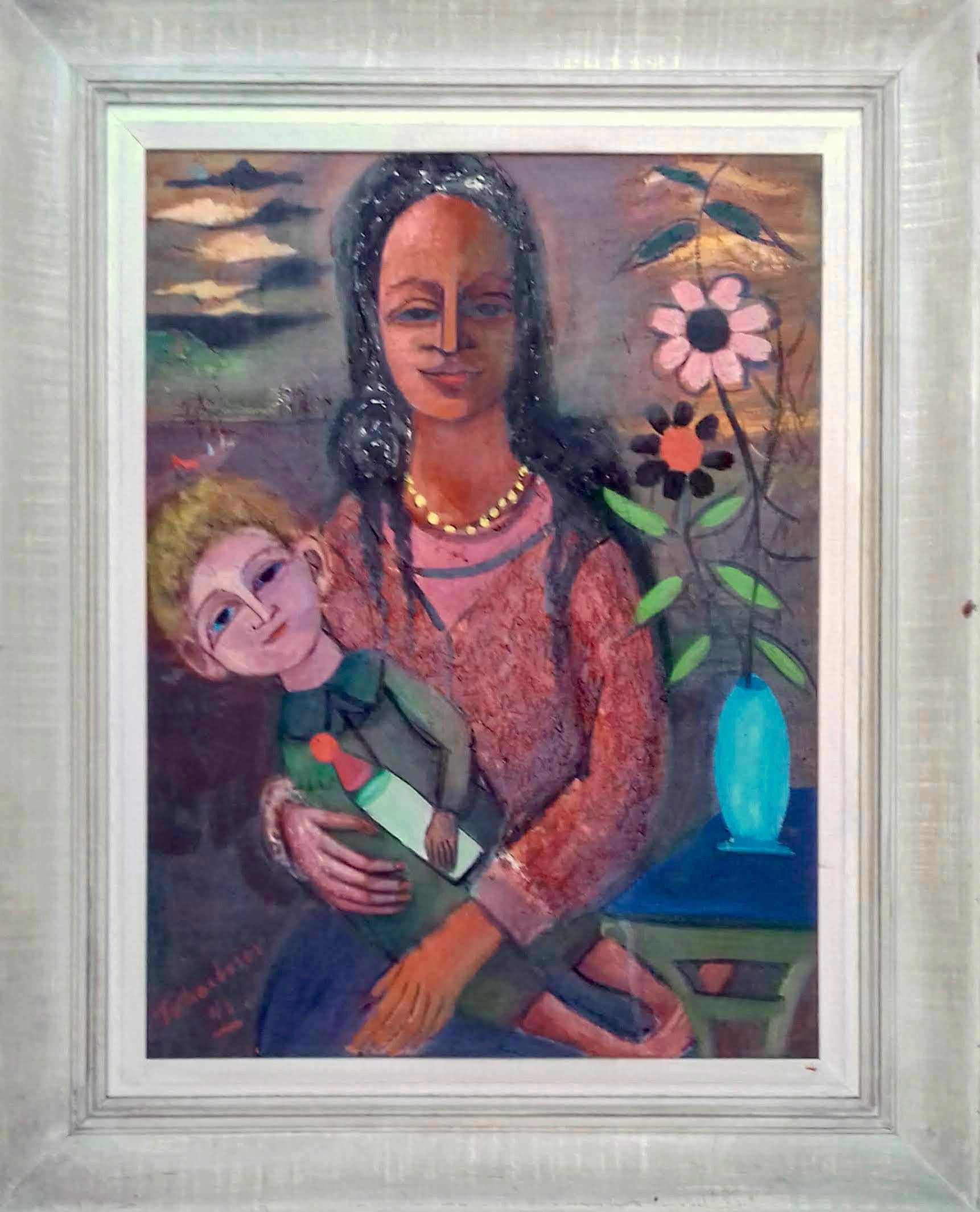 Figurative Painting Nahum Tschacbasov - Peinture moderniste américaine de la WPA Jewish New York représentant une mère et un enfant, Madonna 