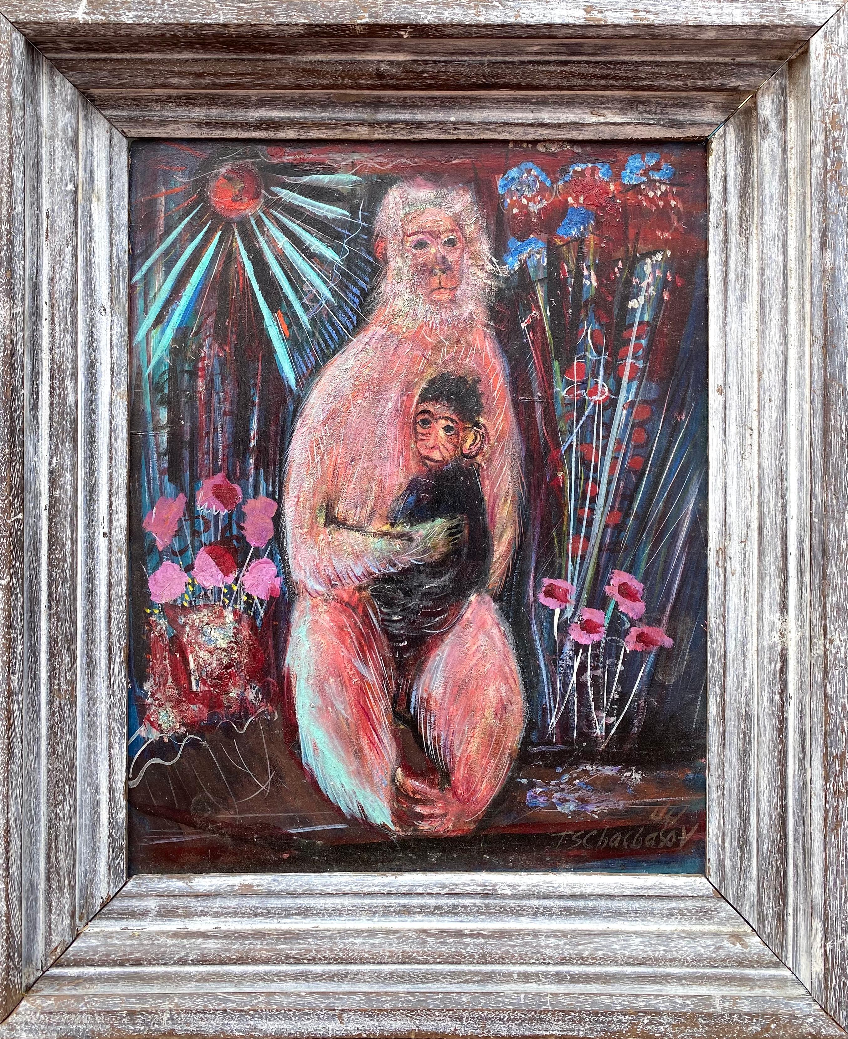 Here for your consideration is a modern painting oil on heavy fiberboard of a mother ape with her baby done by the well known Russian/American artist, Nahum Tschacbasov.  Signed lower right and dated 1944. The painting is housed in a white washed