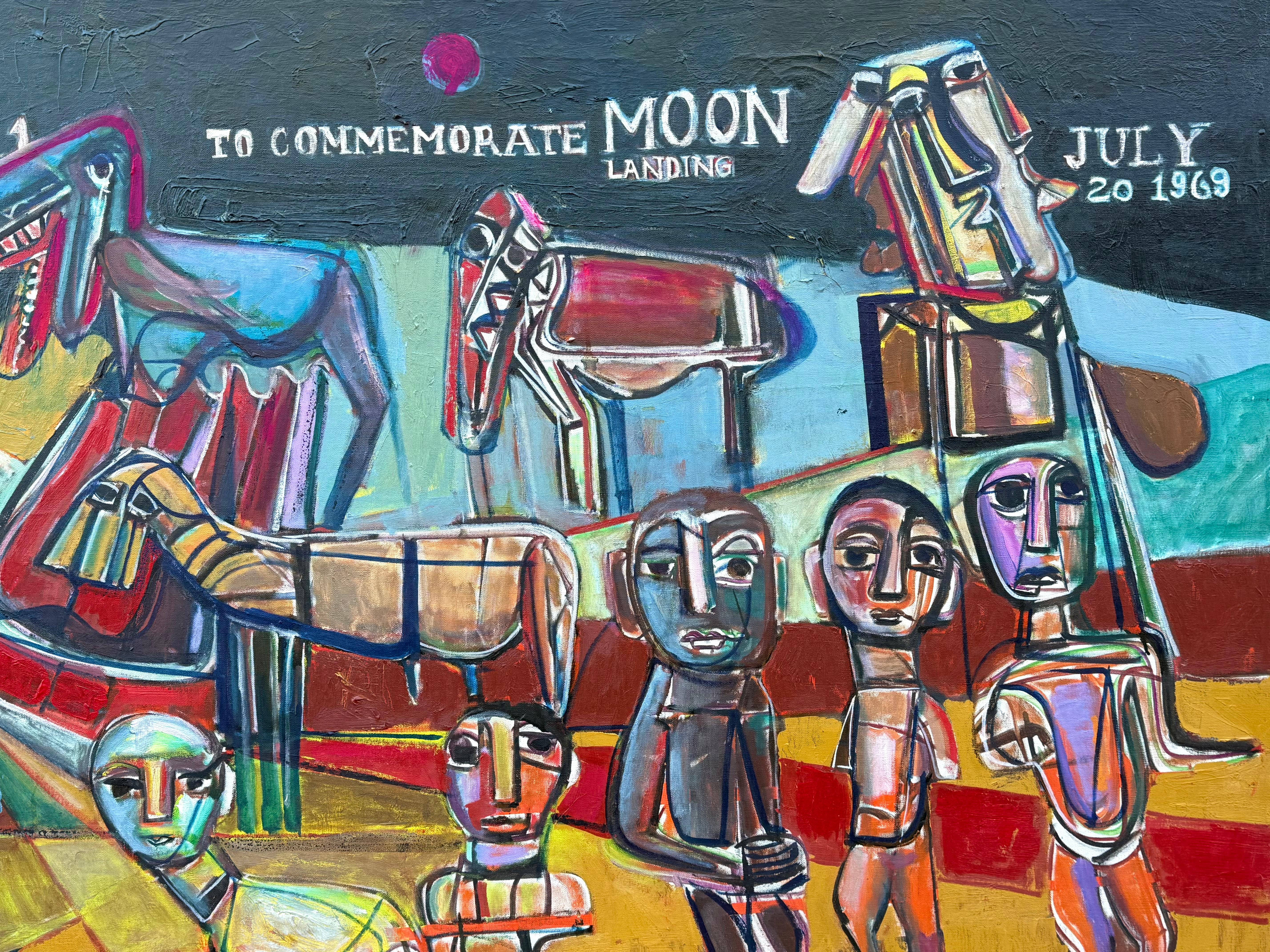 Original oil on canvas painting by Nahum Tschscbasov commemorating the Apollo 11 moon landing with a post nuclear mutant twist. Signed lower right by the artist and dated 1969.  Titled verso “Post Nuclear Mutants”. Signed and dated verso 1968.