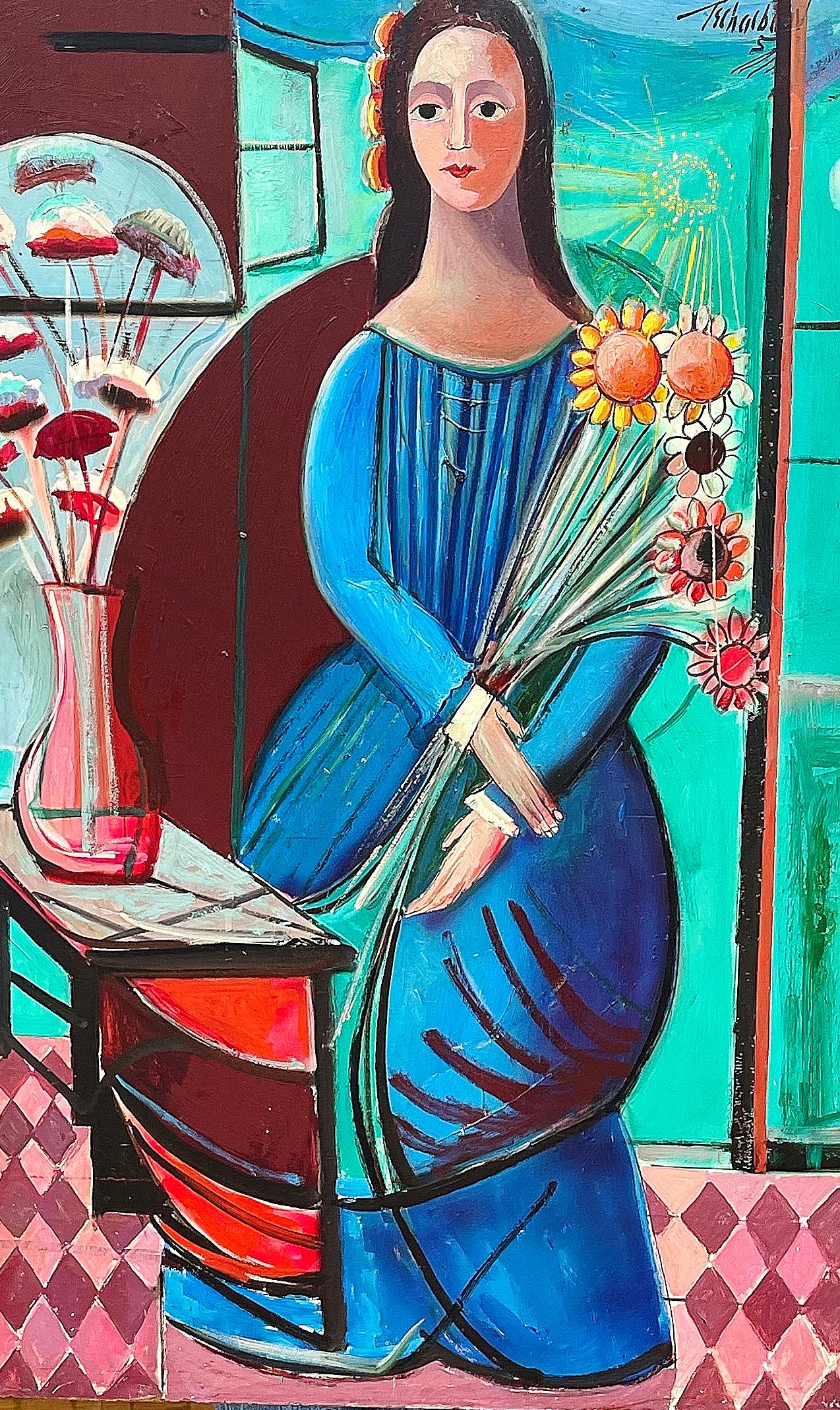 Nahum Tschacbasov Figurative Painting - Girl with Sunflowers