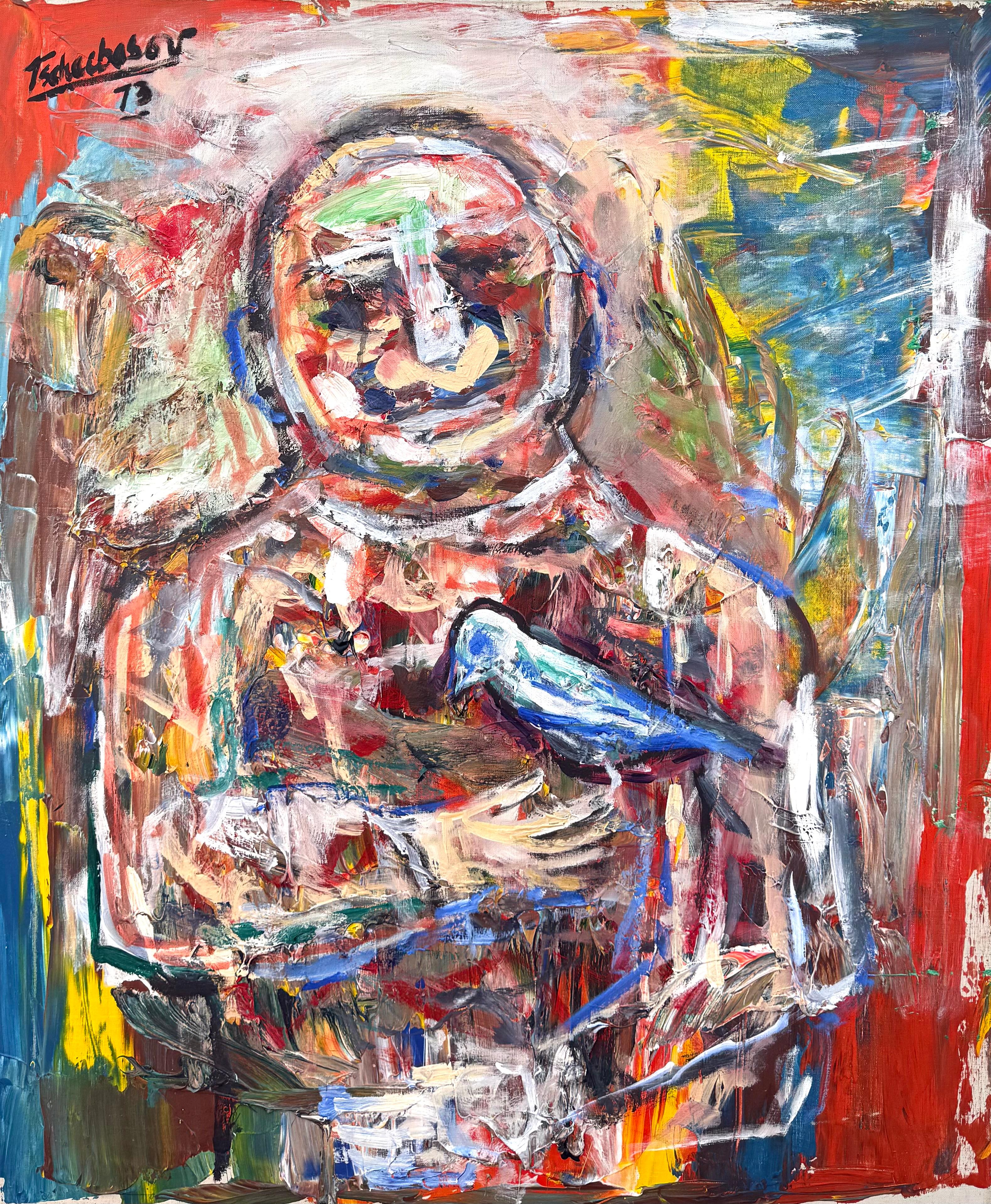 Nahum Tschacbasov Figurative Painting – "Ich habe mir vorgestellt, dass die kommenden Flügel auf meinem Arm ruhen"