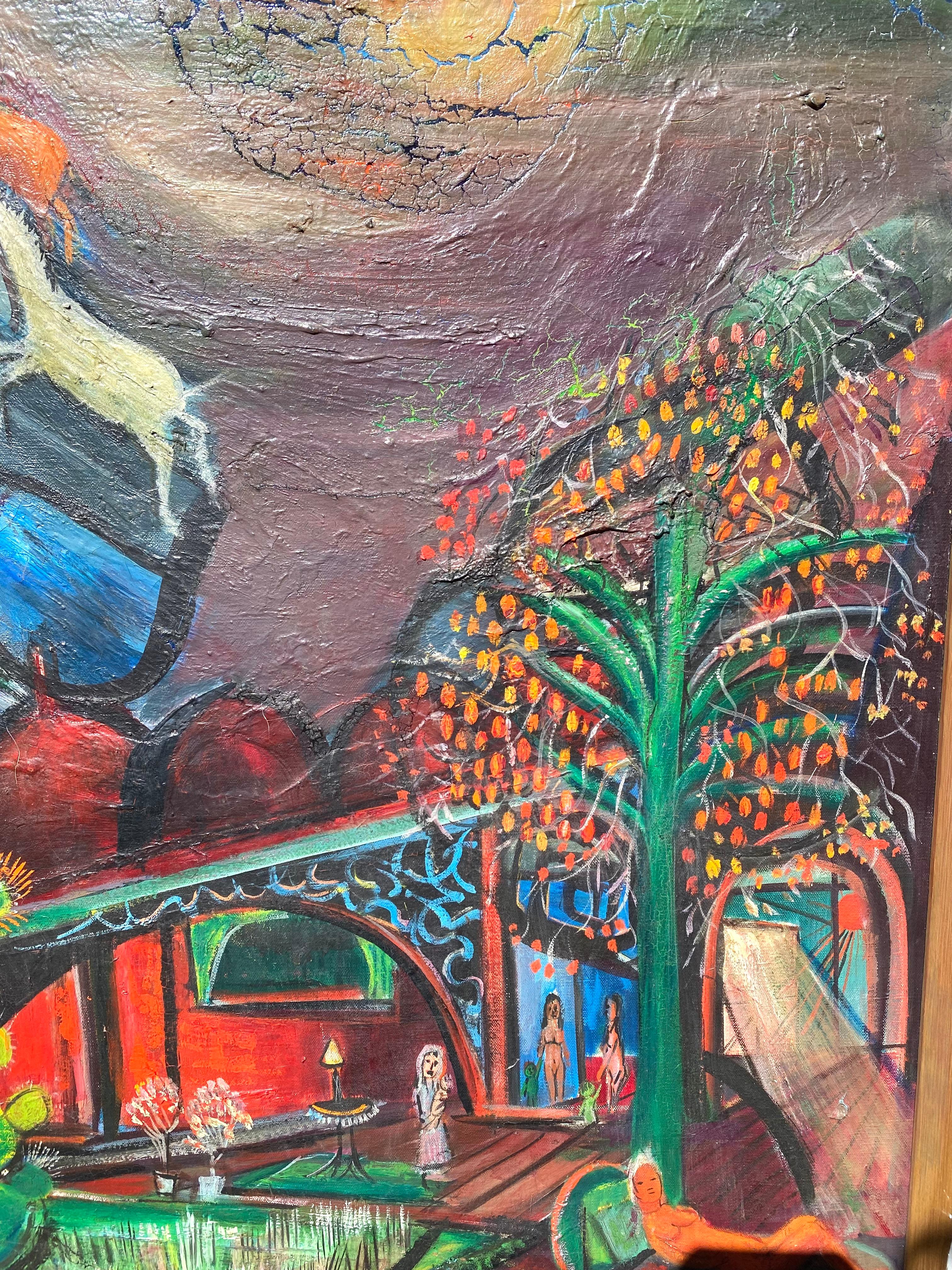 Une huile sur toile figurative exceptionnelle et vibrante de l'artiste américain bien connu, Nahum Tschacbasov. Signé en bas à droite et daté de 1945. Etiquette partielle de Perl's Gallery, New York, au verso, avec titre partiel sur la même