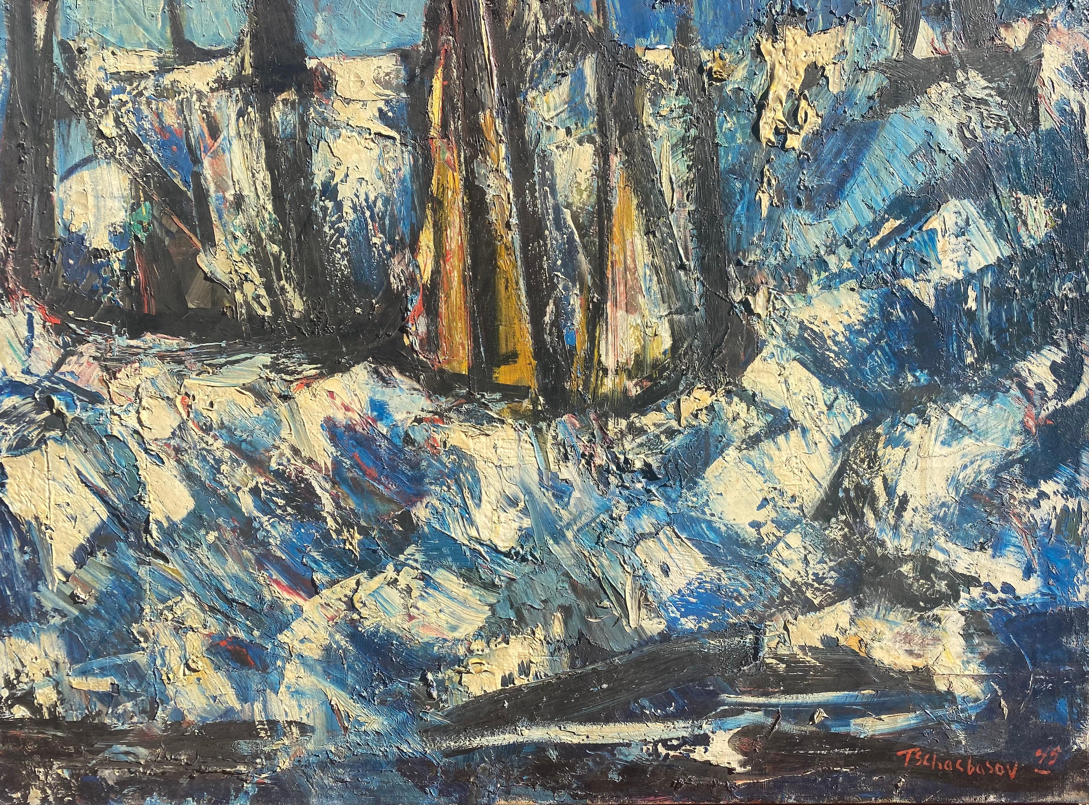 Early original oil on canvas painting of sailboats in stormy seas by the American artist, Nahum Tschacbasov. Artist signed lower right and dated 1945.  Condition is very good.  Presently unframed.  Provenance:  Estate of the artist Nahum