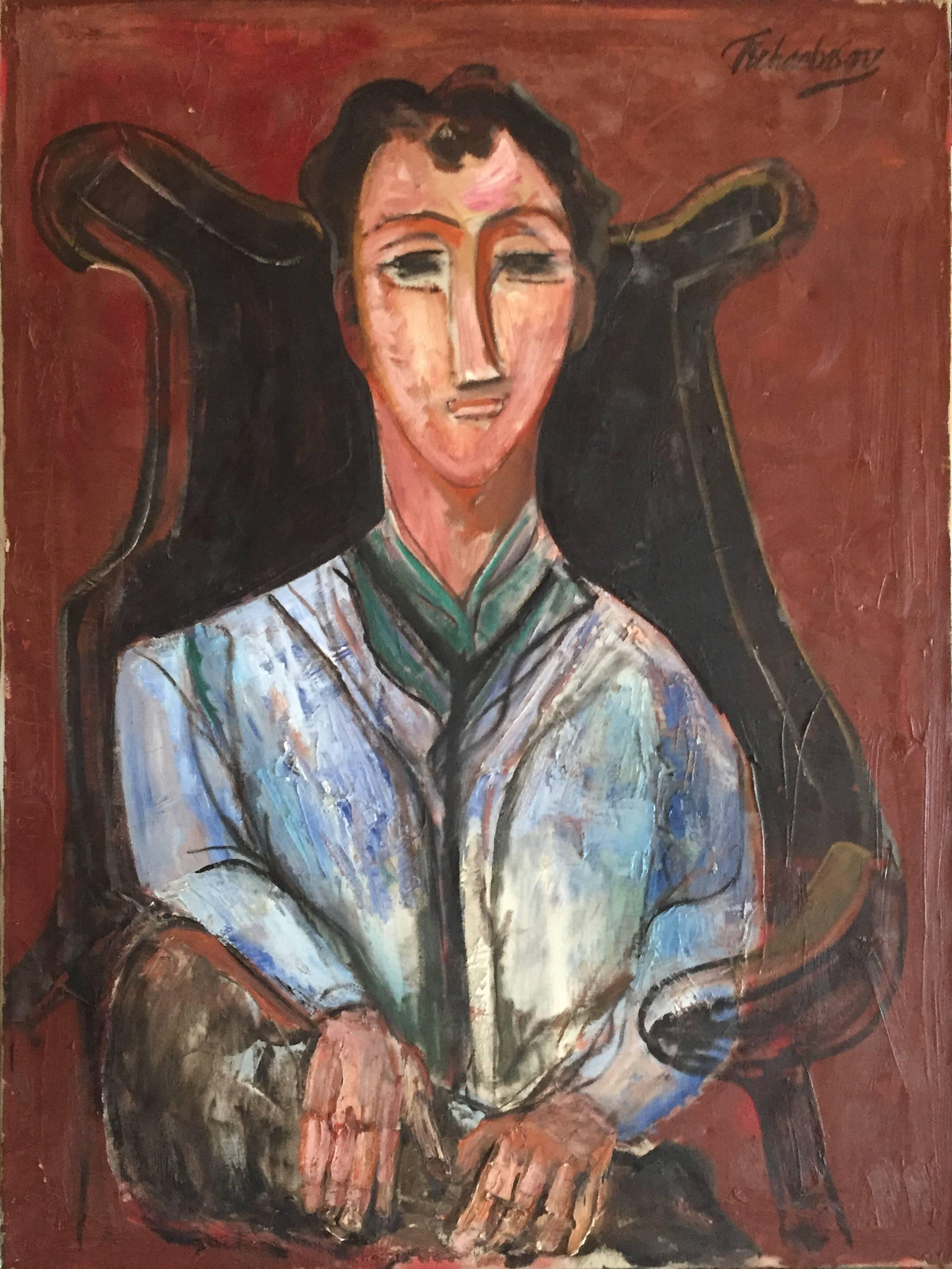 Nahum Tschacbasov Figurative Painting - Seated Man Portrait, Large Modernist Oil Painting WPA Artist