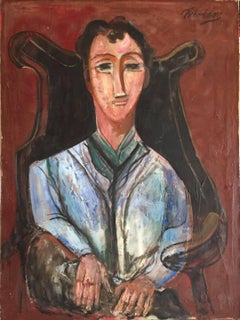 Seated Man Portrait, Large Modernist Oil Painting WPA Artist