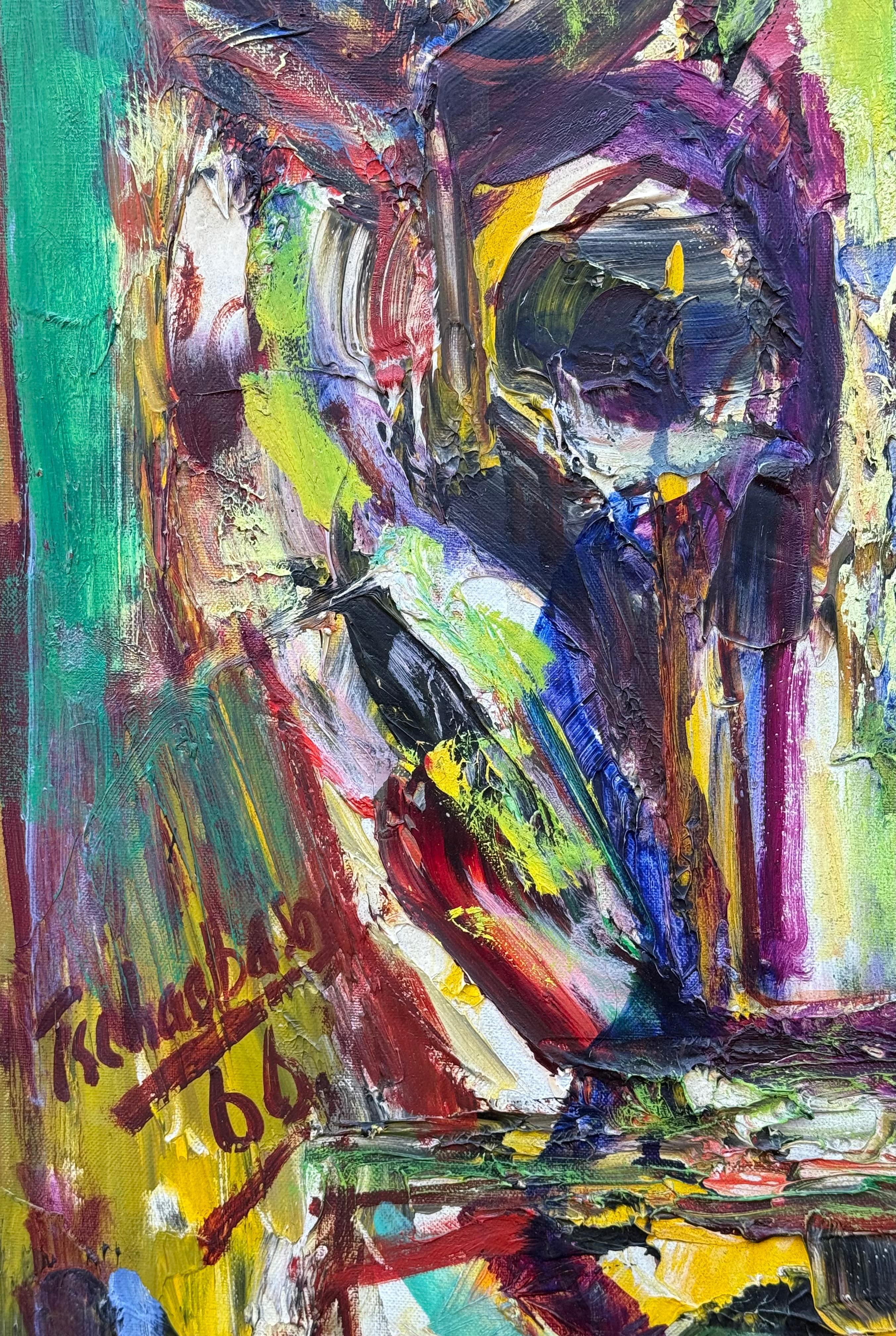 
Original oil on canvas painting of an abstract figure executed by the Russian/American artist, Nahum Tschacbasov.  Signed lower left and dated 1966.  Condition is excellent.  Bright, vibrant colors; no issues. The painting is housed in a