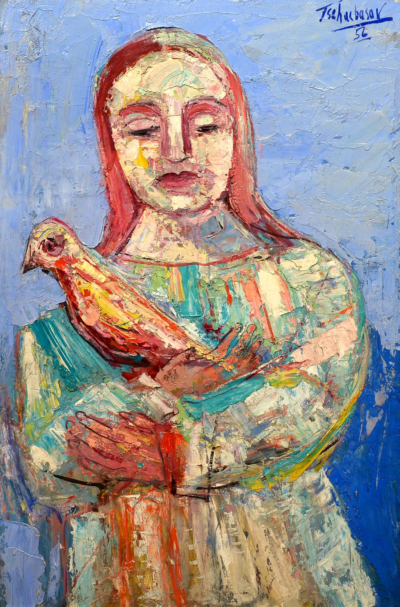 "Woman with Bird, " Nahum Tschacbasov, figurative, modern, 1956