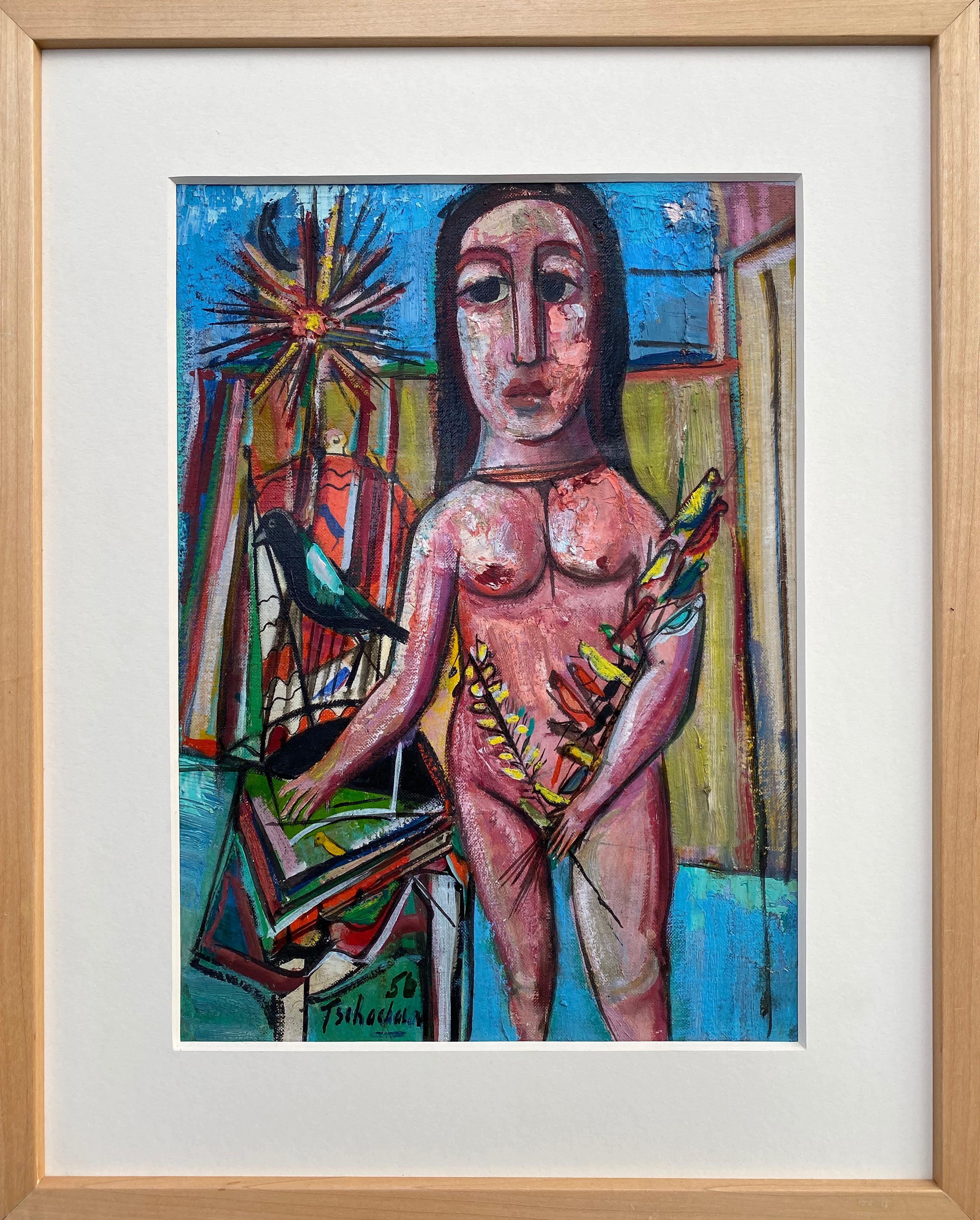 Femme avec oiseaux - Painting de Nahum Tschacbasov
