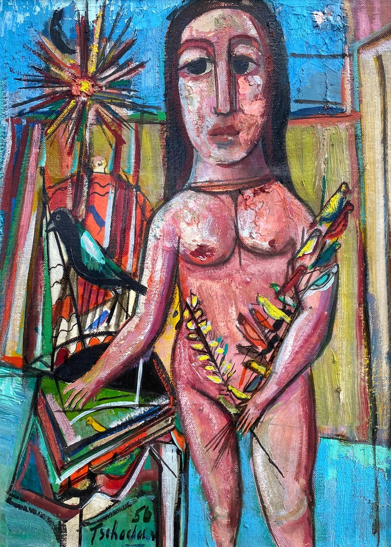 “Woman with Birds” - Gray Nude Painting by Nahum Tschacbasov