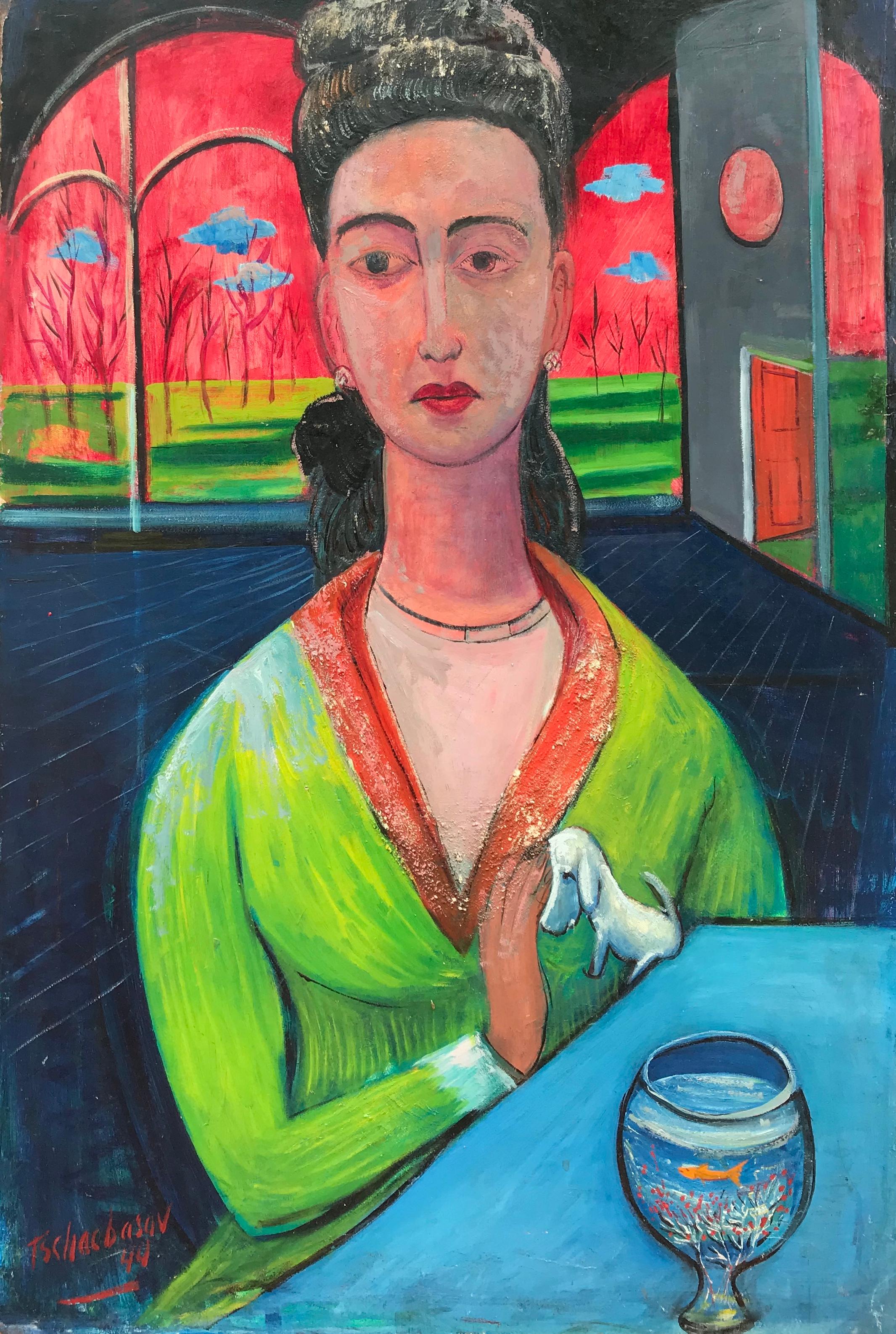 Nahum Tschacbasov Figurative Painting - “Woman with Goldfish”