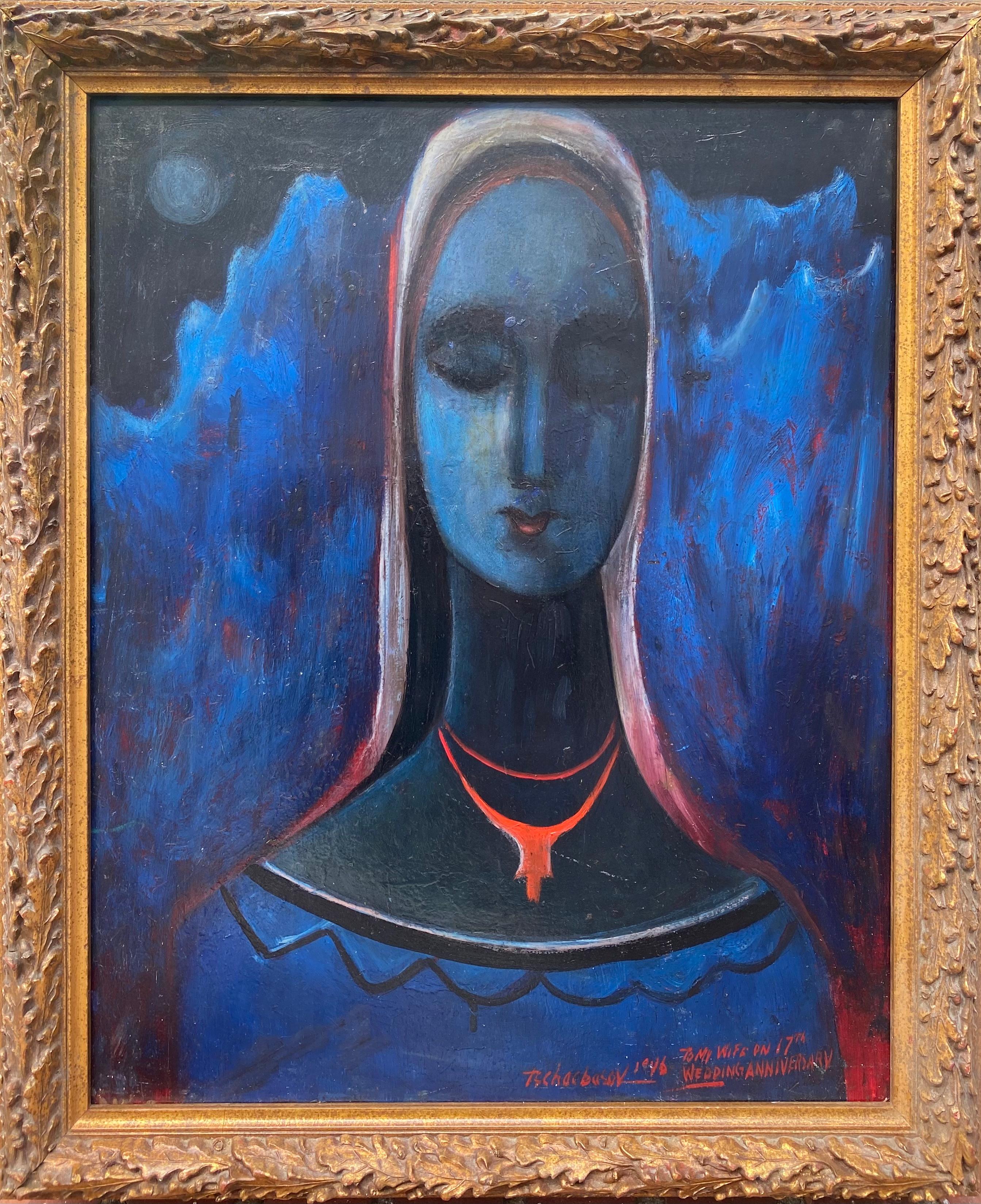 Original oil on hardboard (a type of masonite) painting by the Russian American artist, Nahum Tschacbasov.  Signed, dated 1946 along with a dedication to his wife on their 17th wedding anniversary.  Condition is very good. The back of the painting